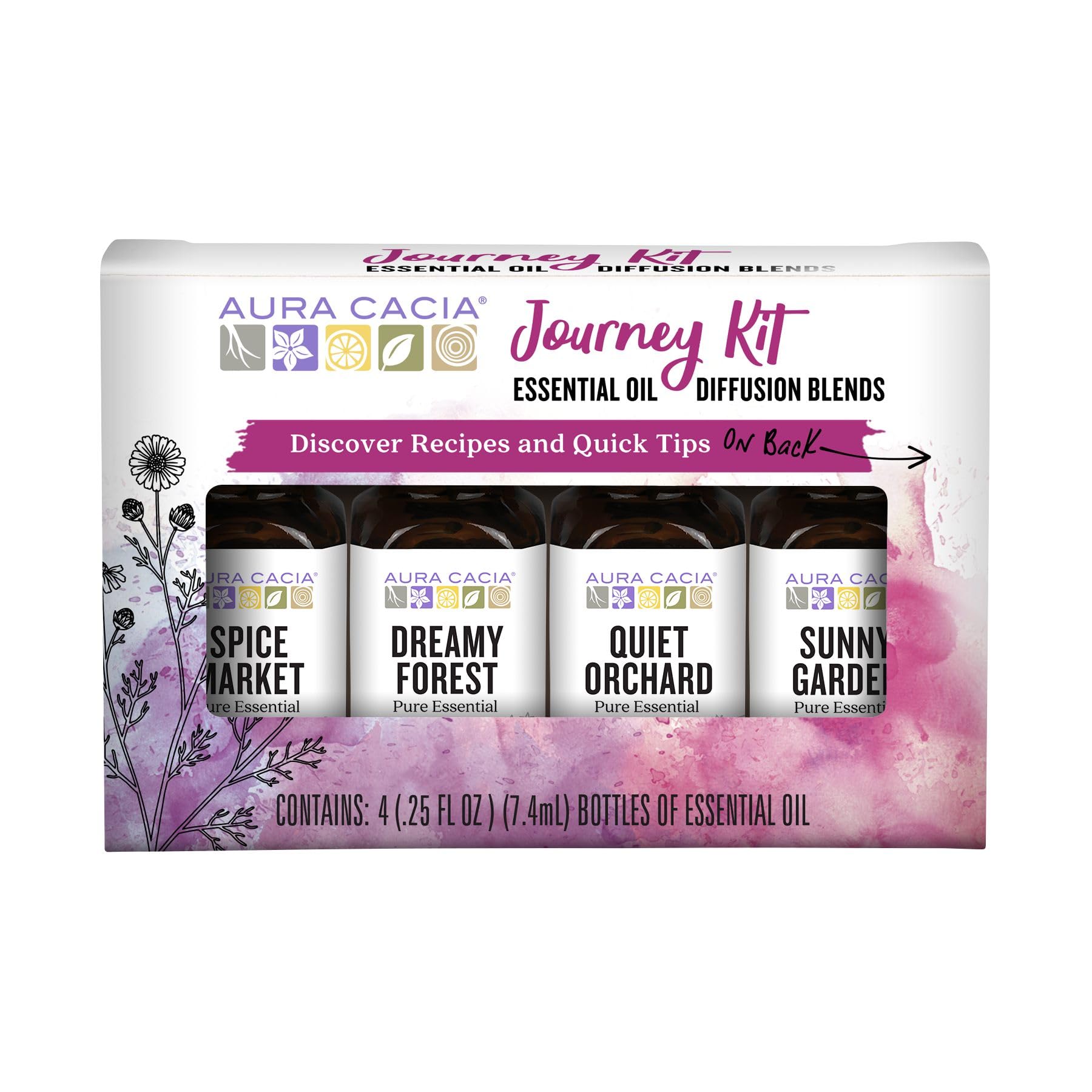Aura Cacia kit frontal con cuatro frascos mostrando variedad aromática y conveniencia