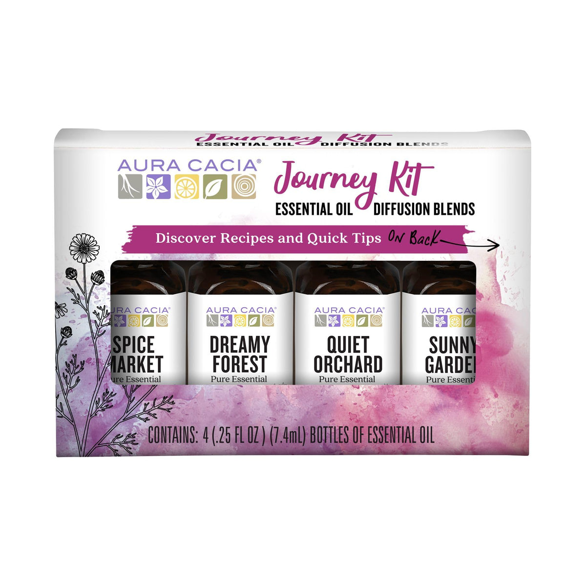 Aura Cacia kit frontal con cuatro frascos mostrando variedad aromática y conveniencia