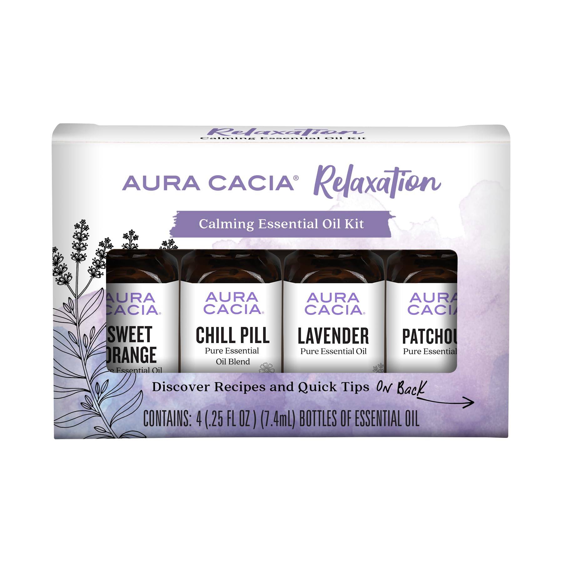 Aura Cacia packaging frontal mostrando los cuatro frascos y beneficios relajantes