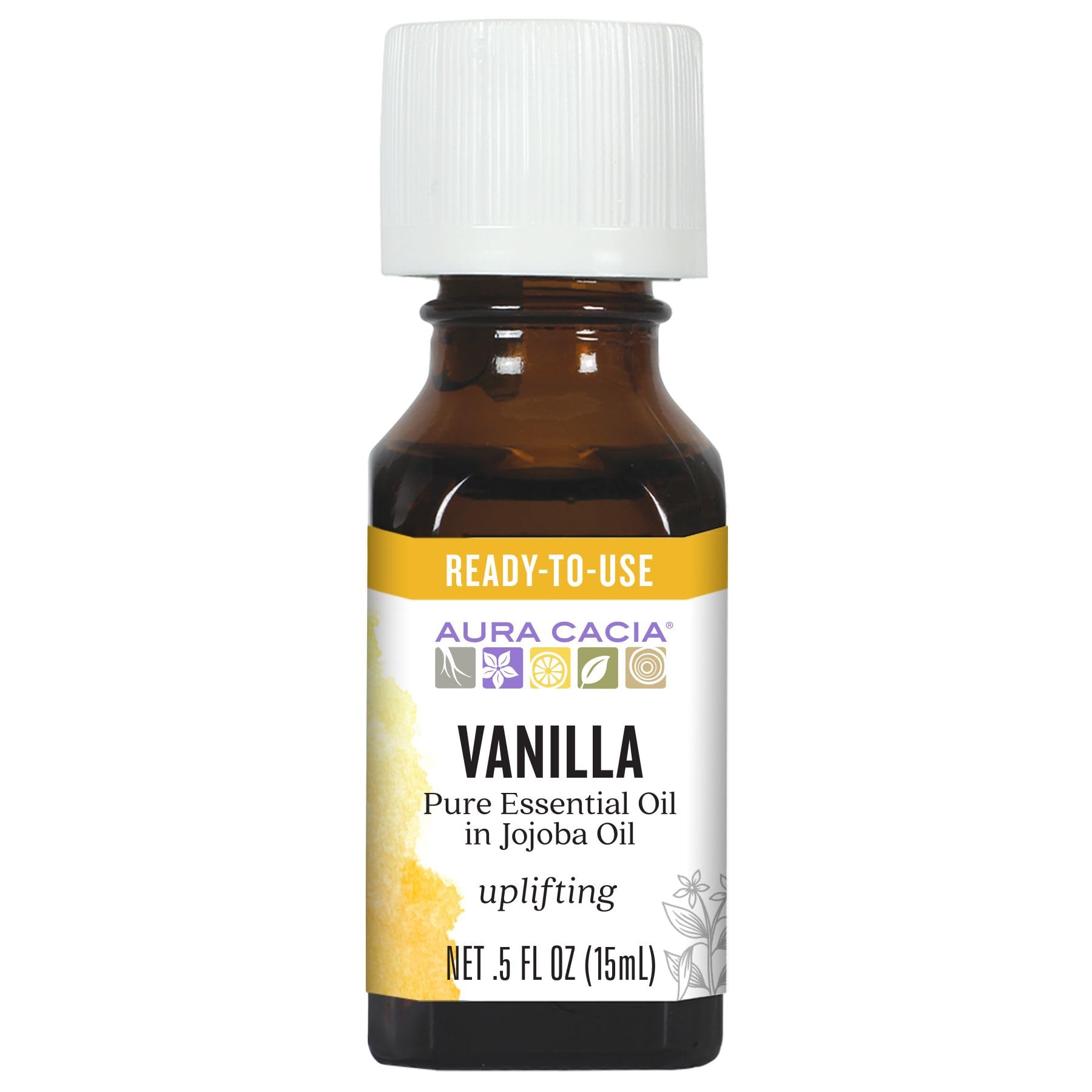 Aura Cacia frasco frontal de vainilla en jojoba, fácil de aplicar