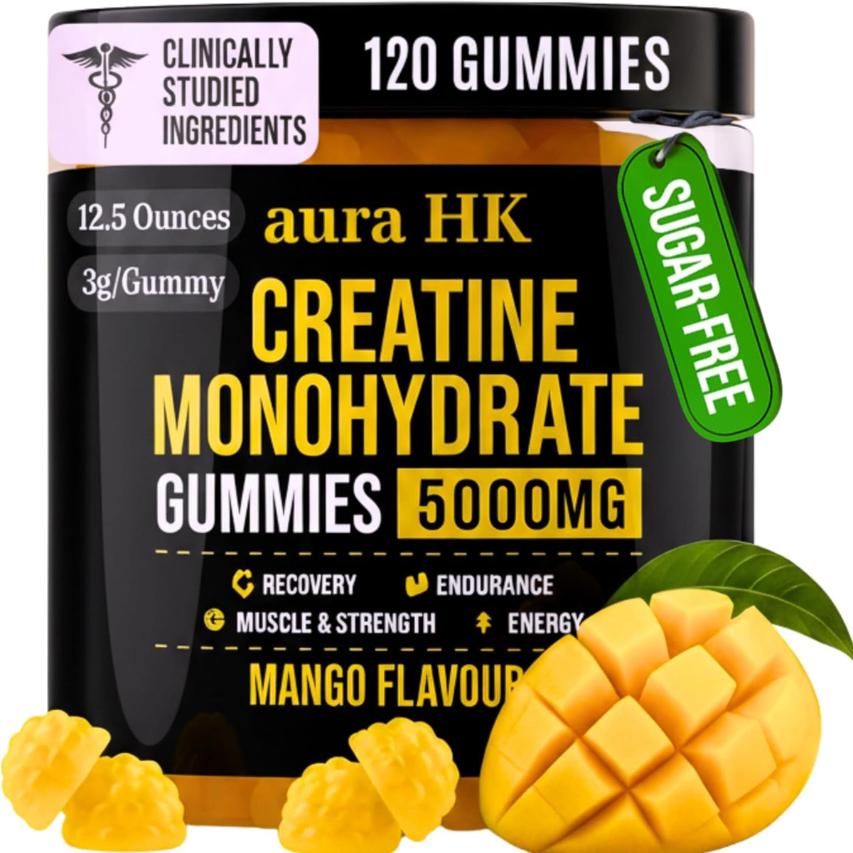 aura HK envase frontal mostrando gomitas mango y beneficio práctico