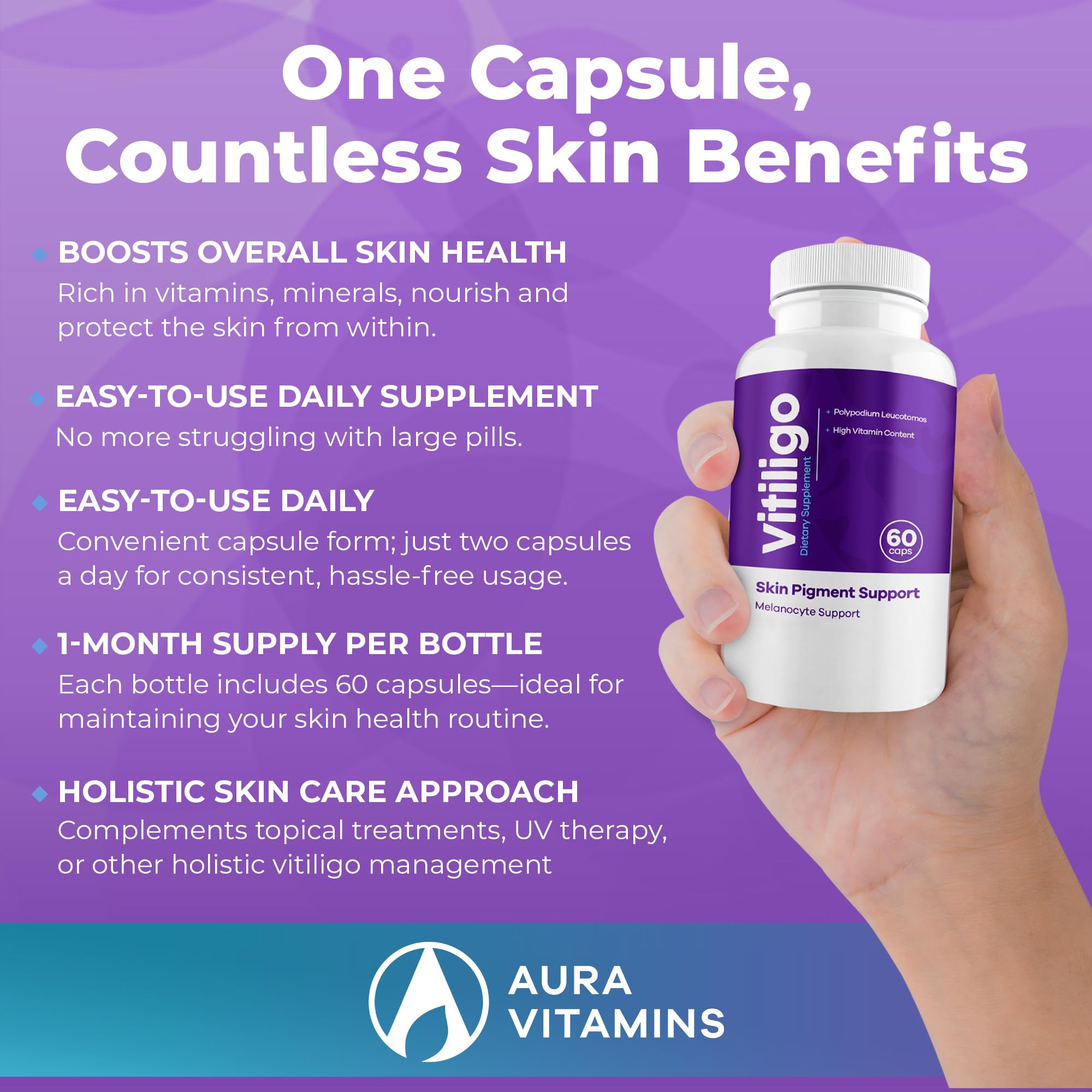 AURA VITAMINS cápsulas en mano para comparar tamaño y facilidad de tomar