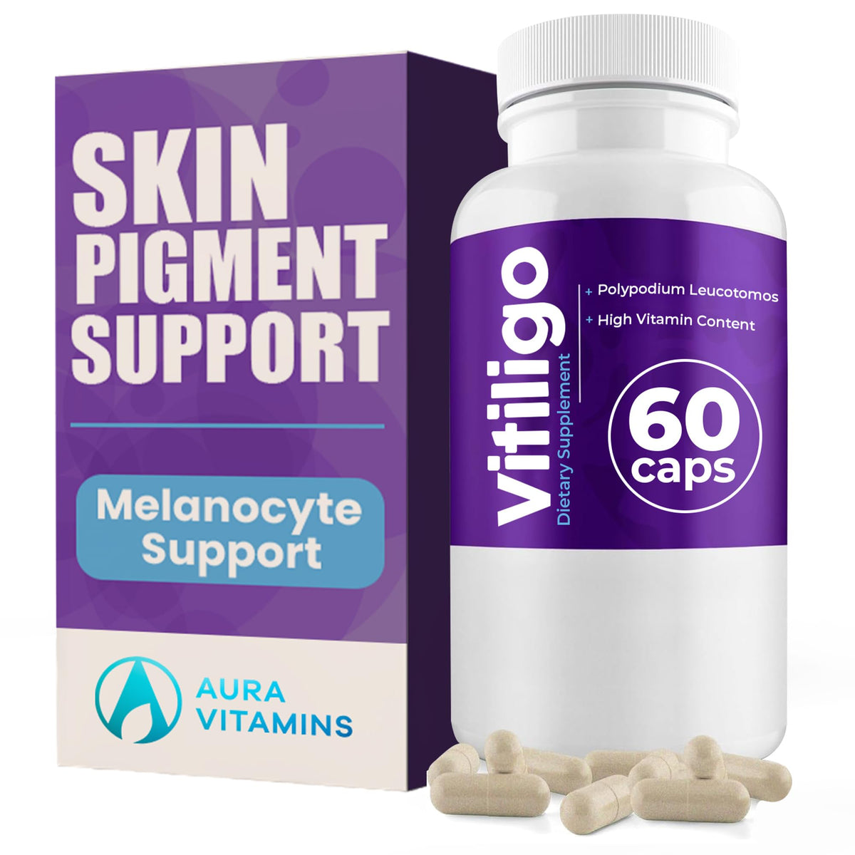 AURA VITAMINS empaque frontal mostrando presentación y beneficio pigmentación