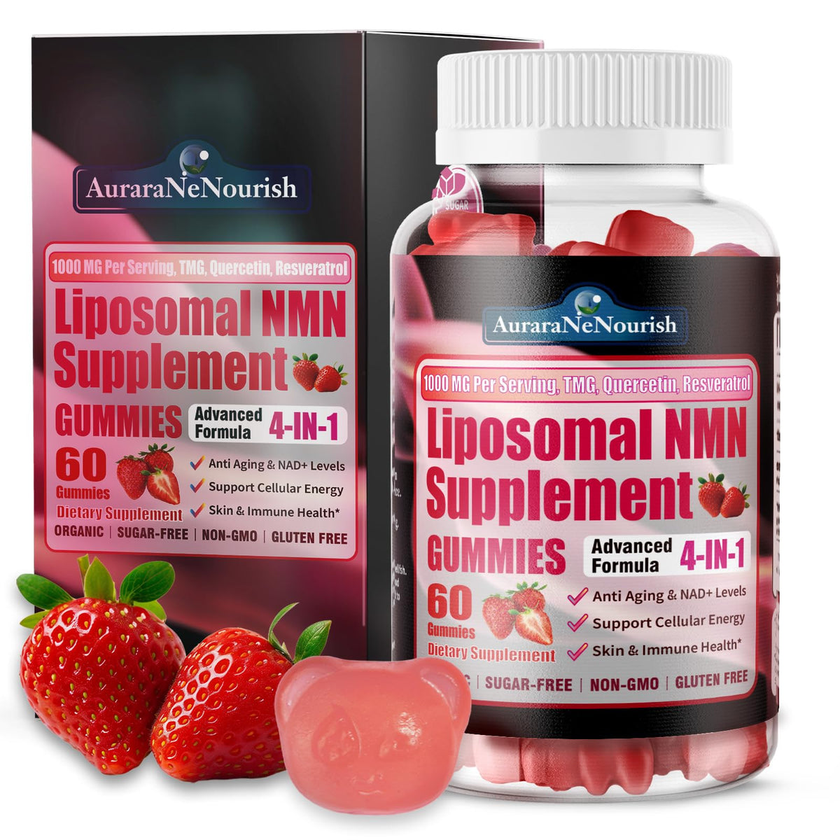 AuraraNeNourish envase frontal mostrando NMN 1000mg y beneficios