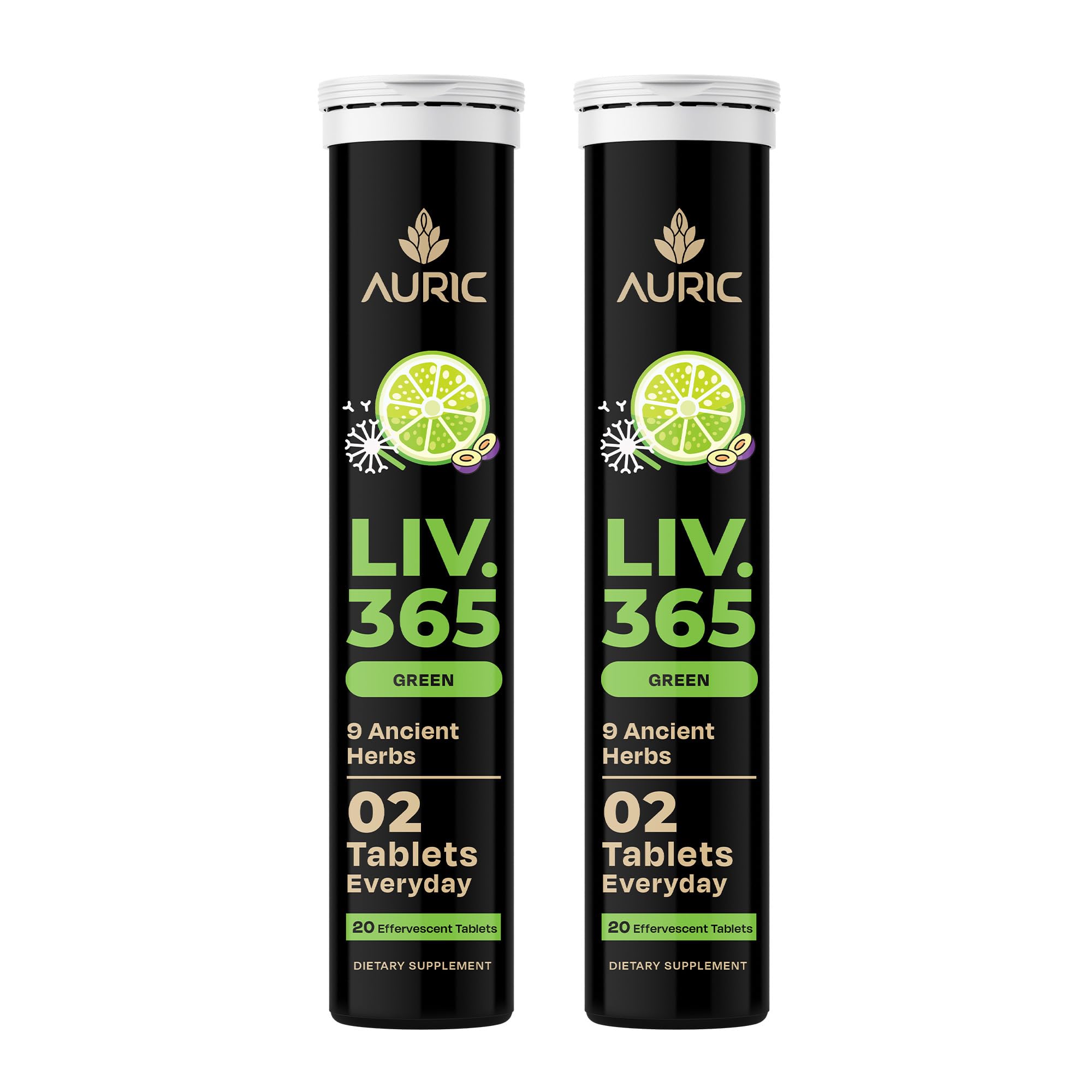 Auric Liv 365 envase frontal mostrando marca y cantidad, práctico para uso diario