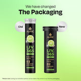 close-up de tableta efervescente Auric Liv 365 disolviéndose, fácil disolución visible