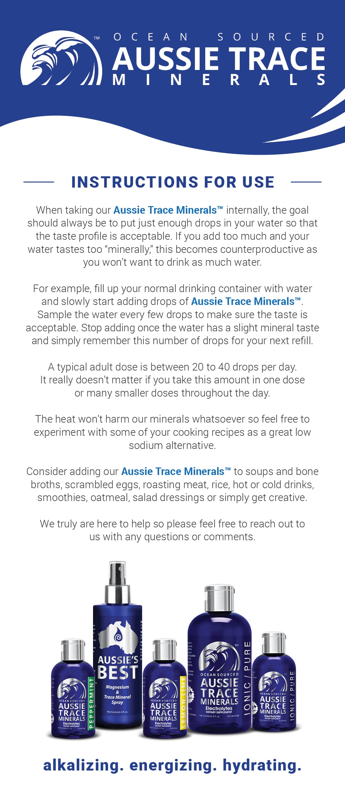 Aussie Trace Minerals etiqueta legible con lista de minerales y bajo sodio