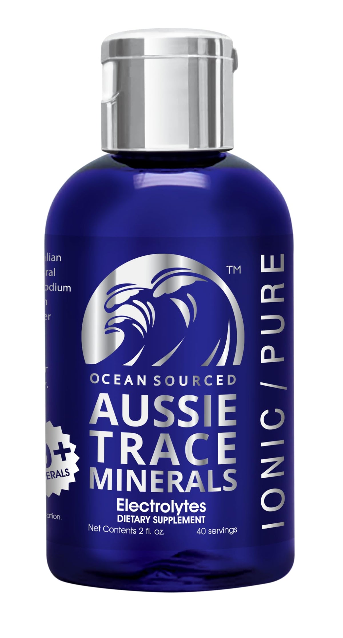 Aussie Trace Minerals envase frontal compacto muestra formato 60 ml y beneficios portátiles