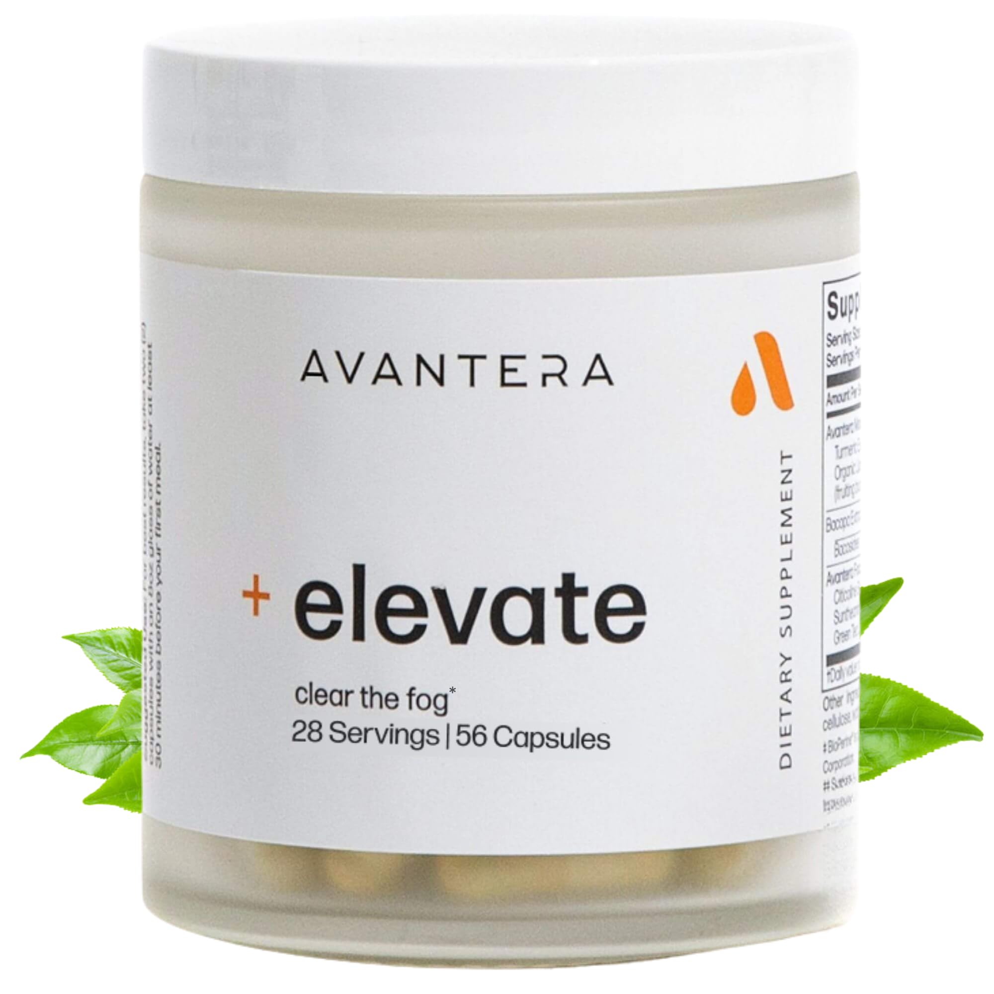 Avantera Elevate frasco frontal mostrando etiqueta clara y beneficio foco