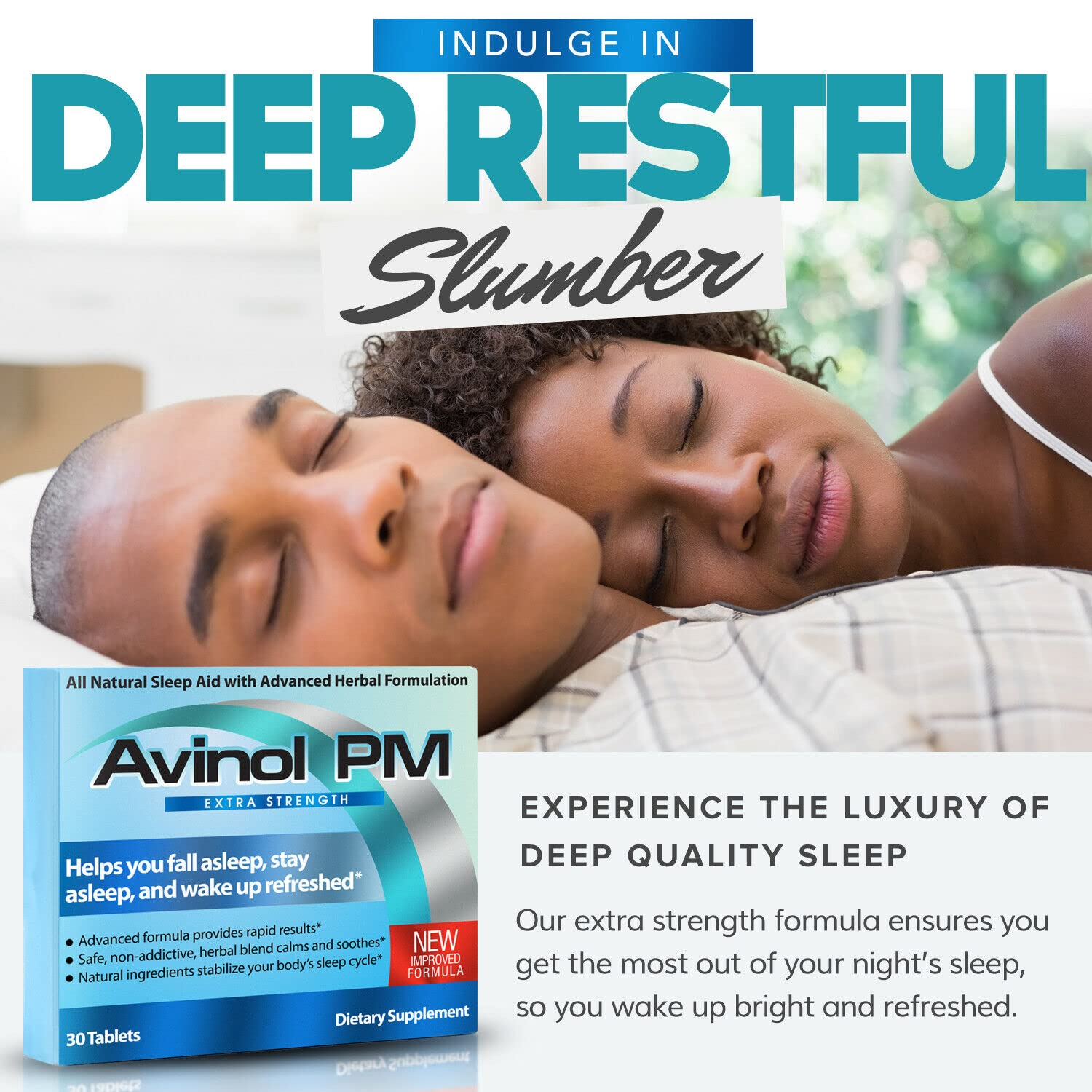 Avinol PM en mesa de noche en dormitorio sugiriendo uso nocturno relajante