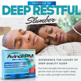 Avinol PM en mesa de noche en dormitorio sugiriendo uso nocturno relajante