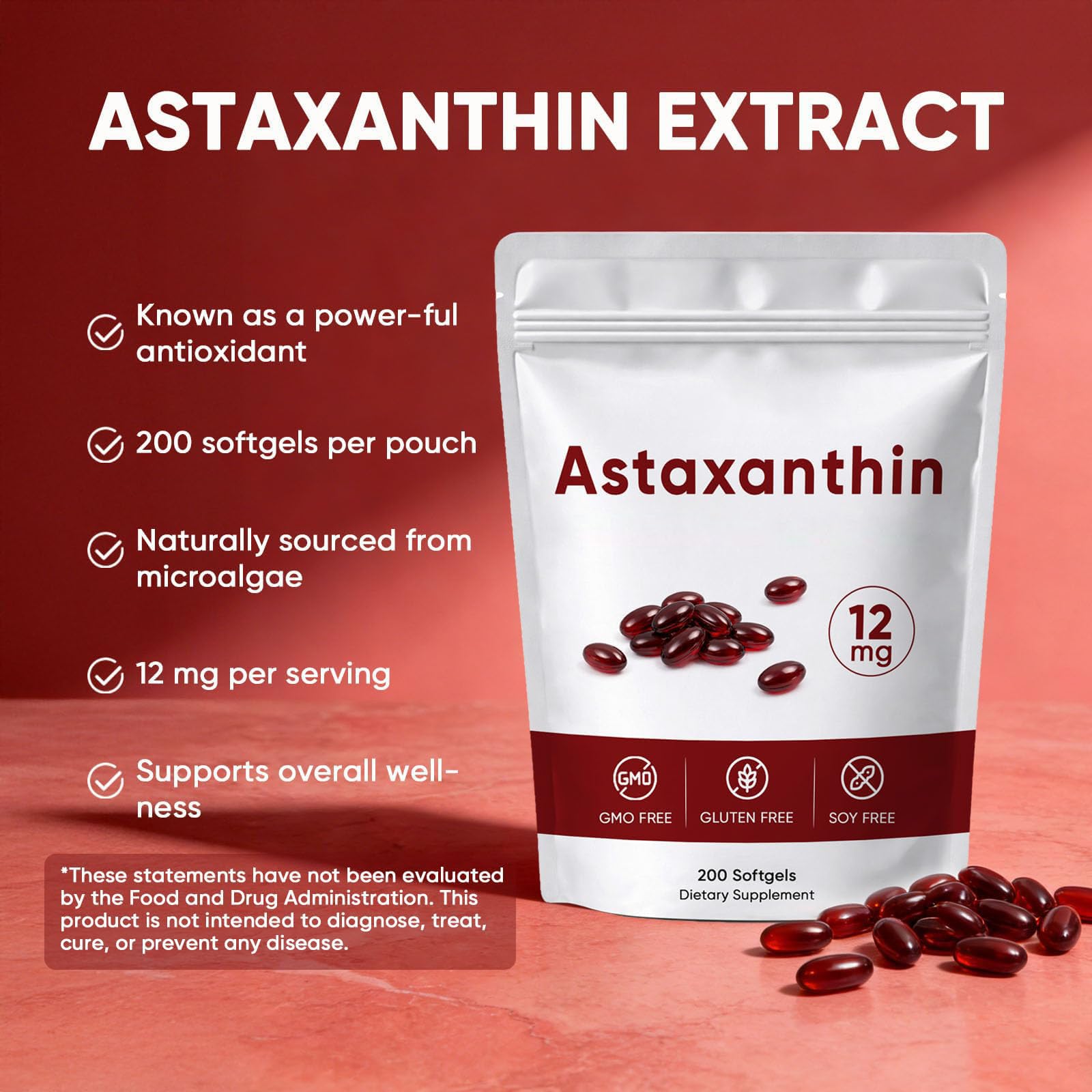 Etiqueta nutricional de Awjsde Astaxanthin mostrando dosis y ausencia de GMO, gluten y soja