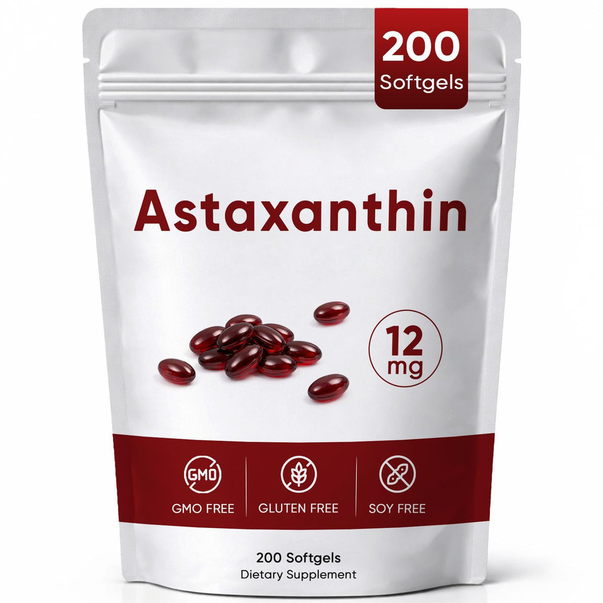 Awjsde Astaxanthin frontal del envase mostrando 200 cápsulas y beneficio de suministro prolongado