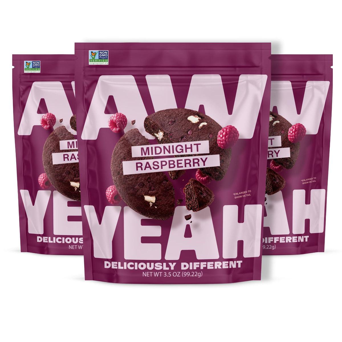 AwYeah frente del empaque mostrando mini galletas y beneficios veganos
