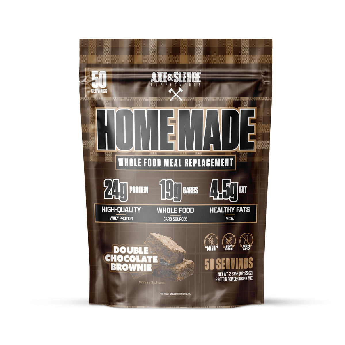 Axe & Sledge envase frontal Double Chocolate Brownie mostrando el tamaño y etiquetas nutricionales