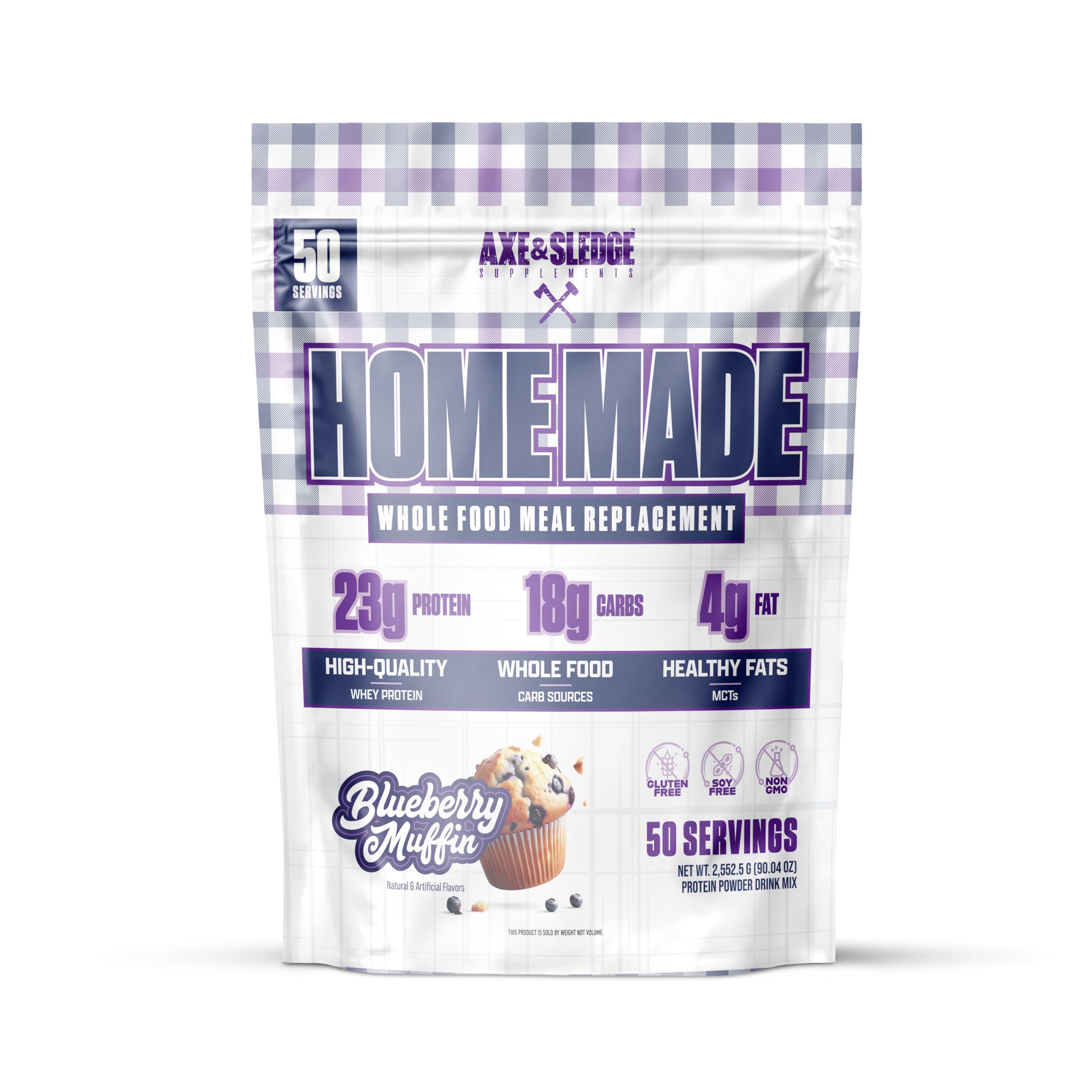 Axe & Sledge envase frontal mostrando ingredientes whole-foods y aporte proteico para volumen