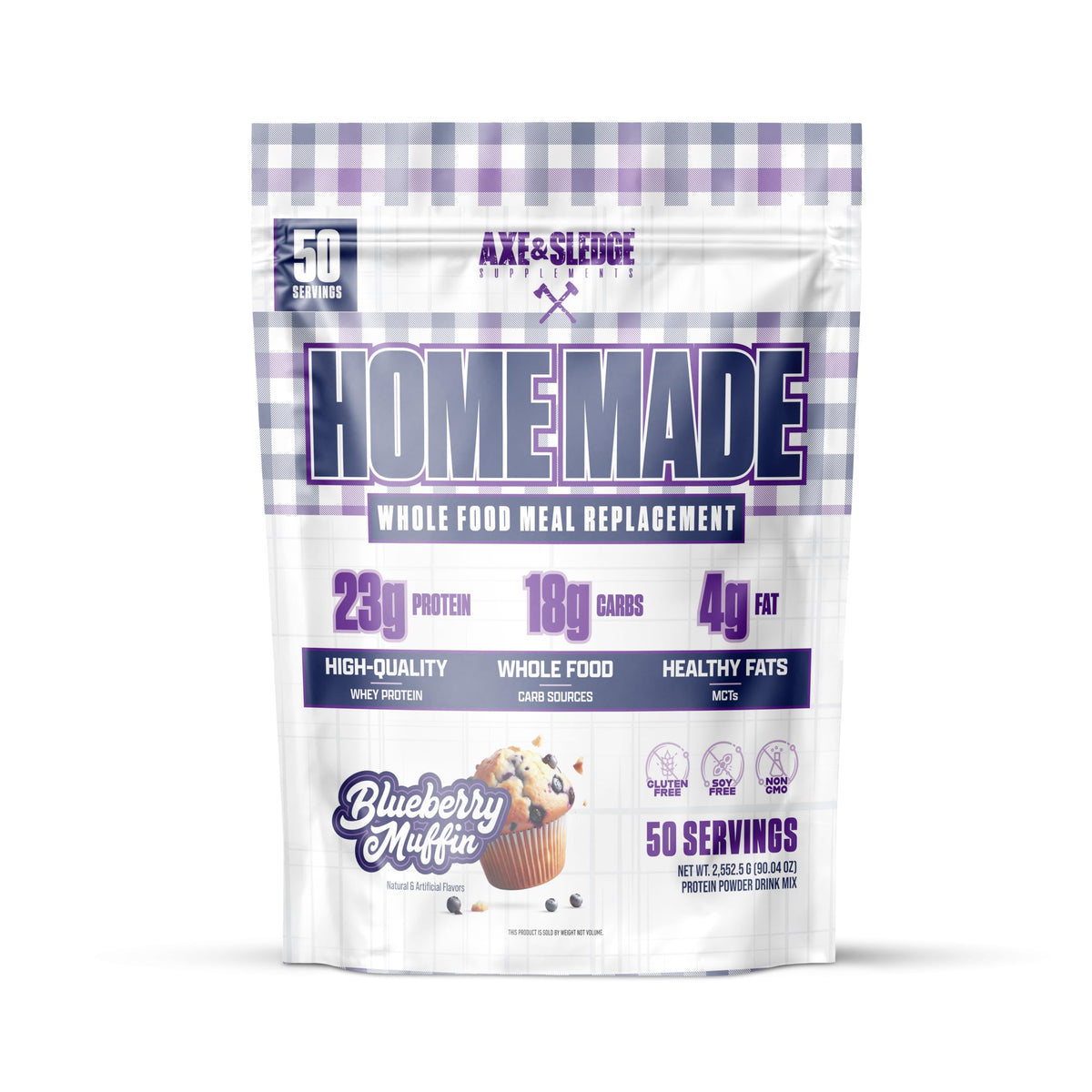 Axe & Sledge envase frontal mostrando ingredientes whole-foods y aporte proteico para volumen
