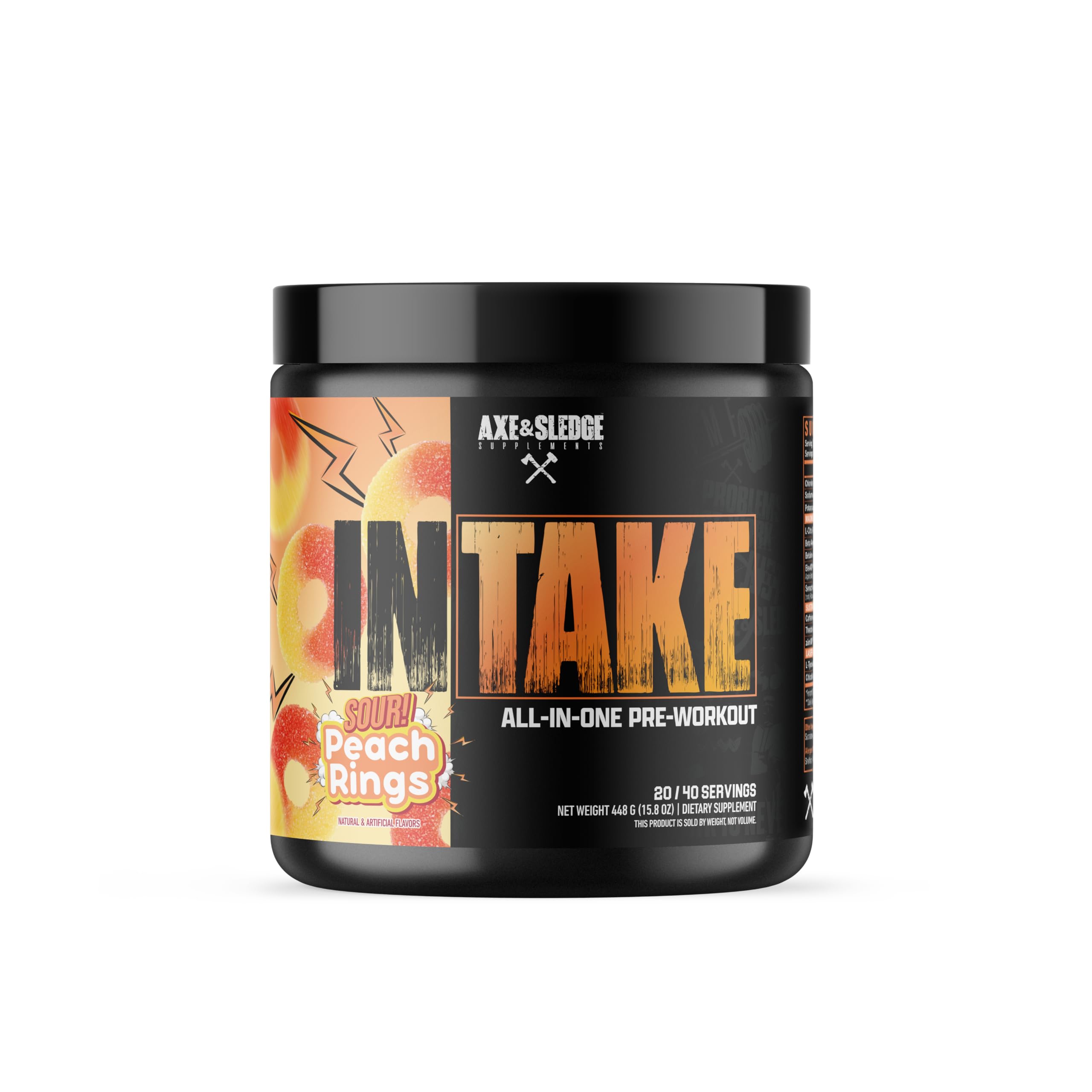 Axe & Sledge envase frontal de Intake mostrando sabor Sour Peach Rings y energía prolongada