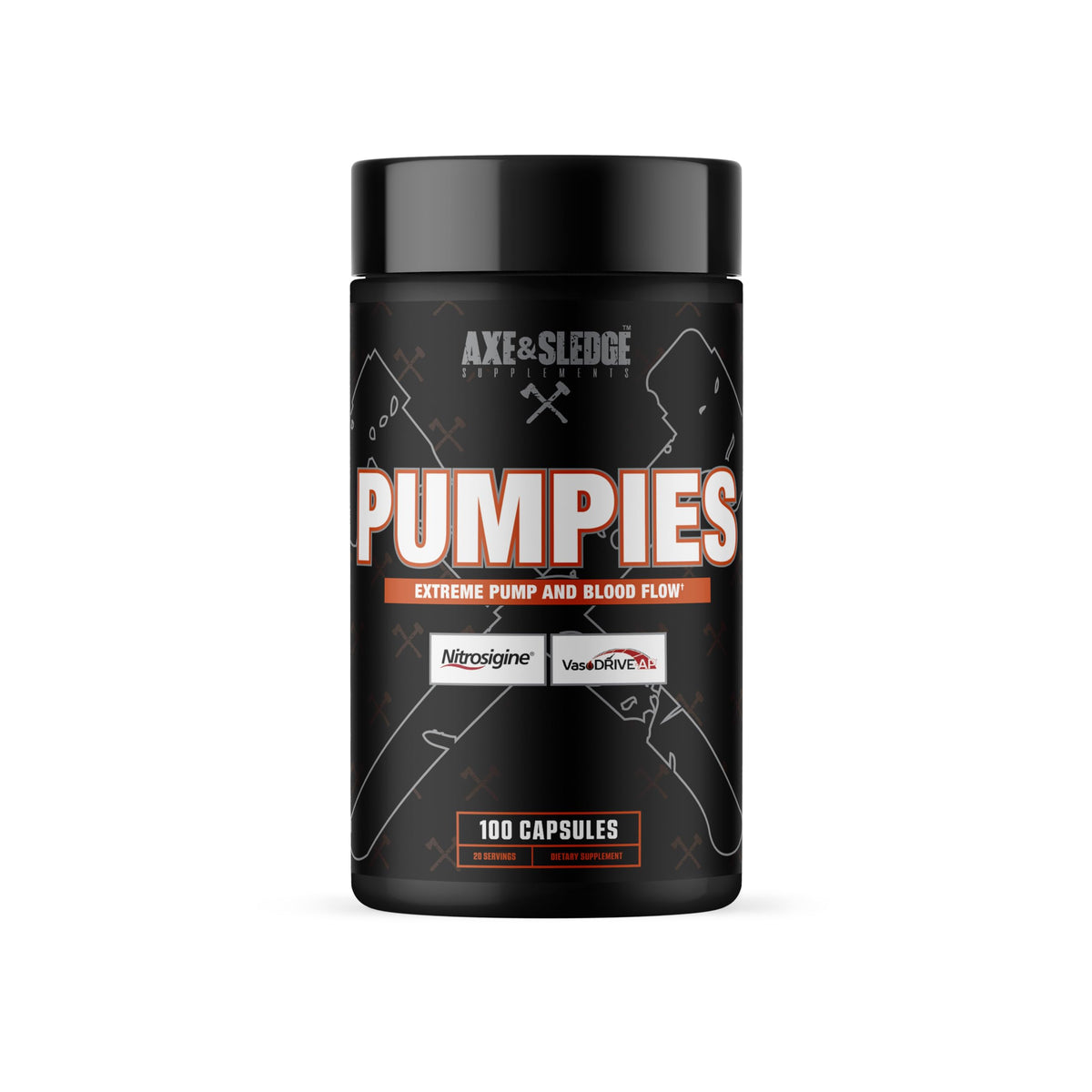 Axe & Sledge frasco PUMPIES frontal mostrando etiqueta y beneficios del producto
