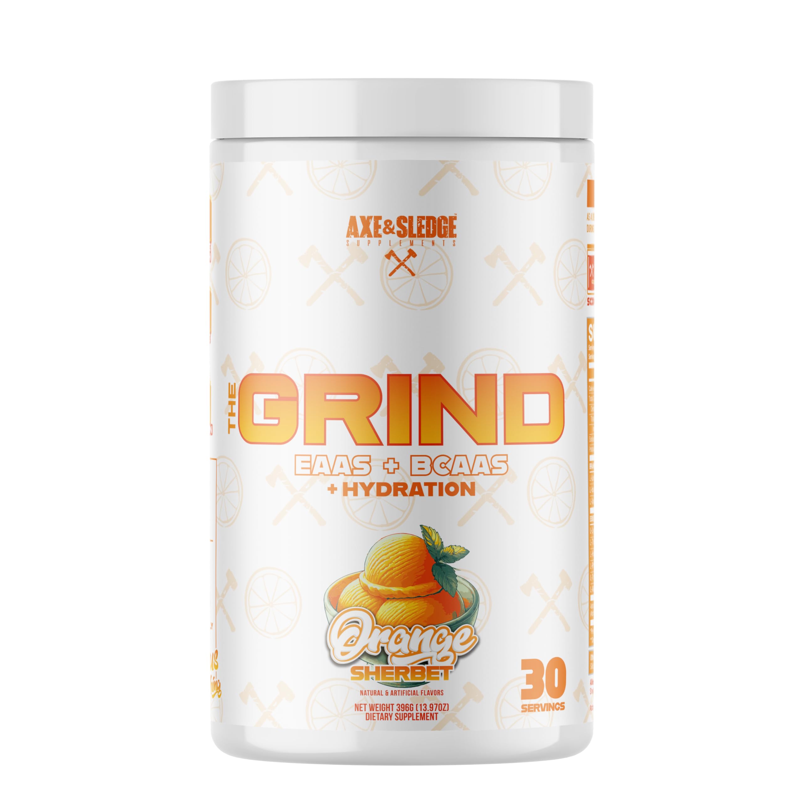 Axe & Sledge frasco The Grind frente mostrando etiqueta y beneficios