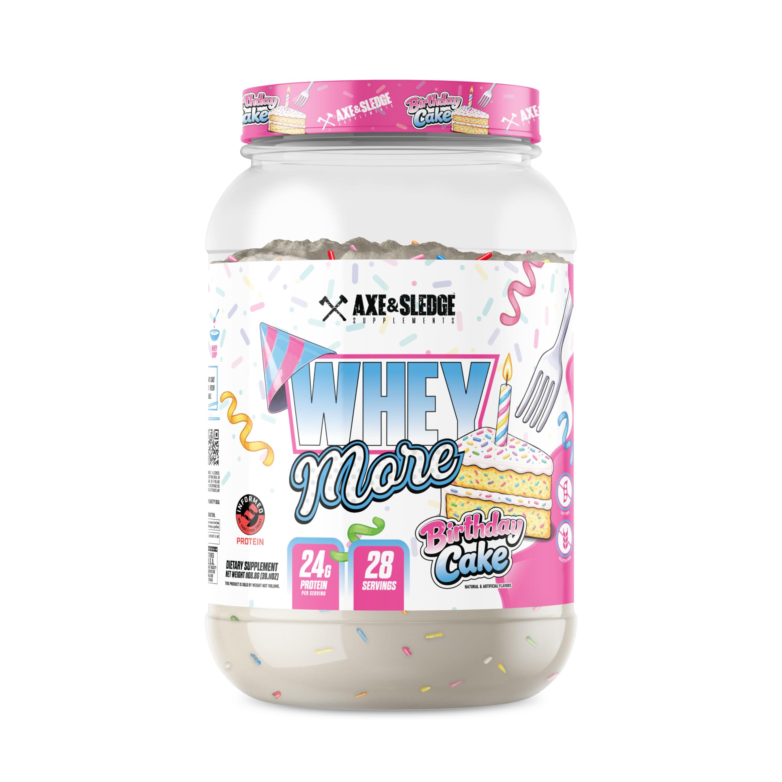 Axe & Sledge envase fronta mostrando sabor Birthday Cake y beneficio de 24 g proteína