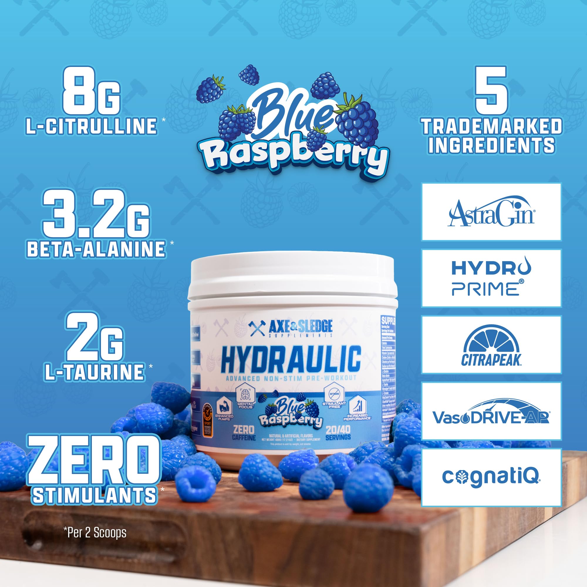 Axe & Sledge etiqueta con lista de ingredientes patentados y beneficios