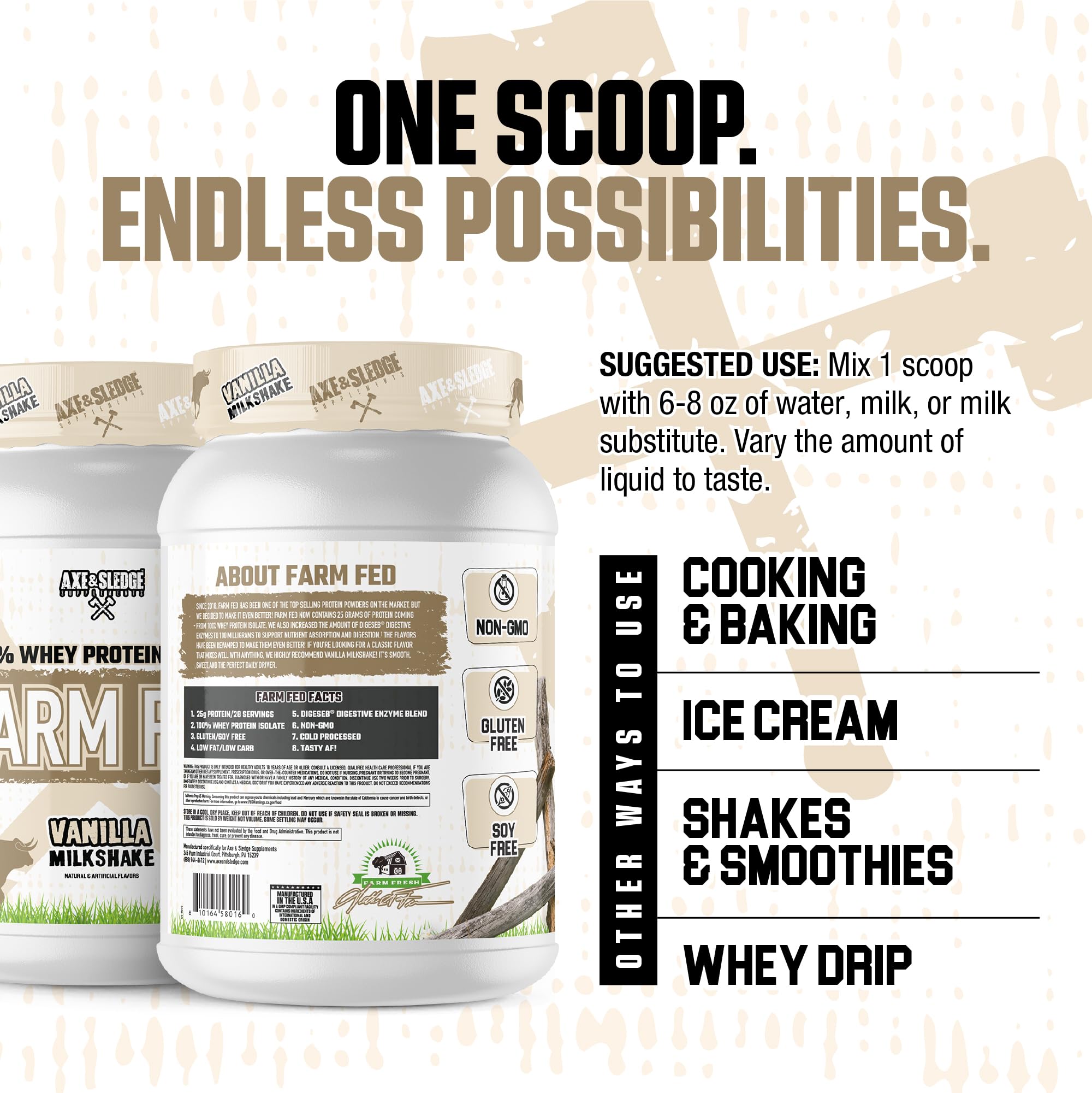 Axe & Sledge etiqueta nutricional destacando 25 g proteína por servicio