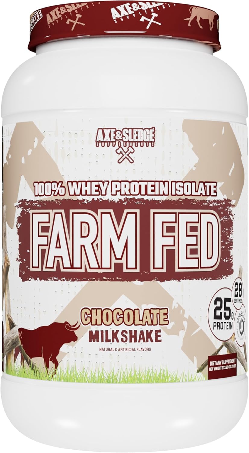 Axe & Sledge envase Farm Fed vista frontal con sabor chocolate milkshake y beneficios claros