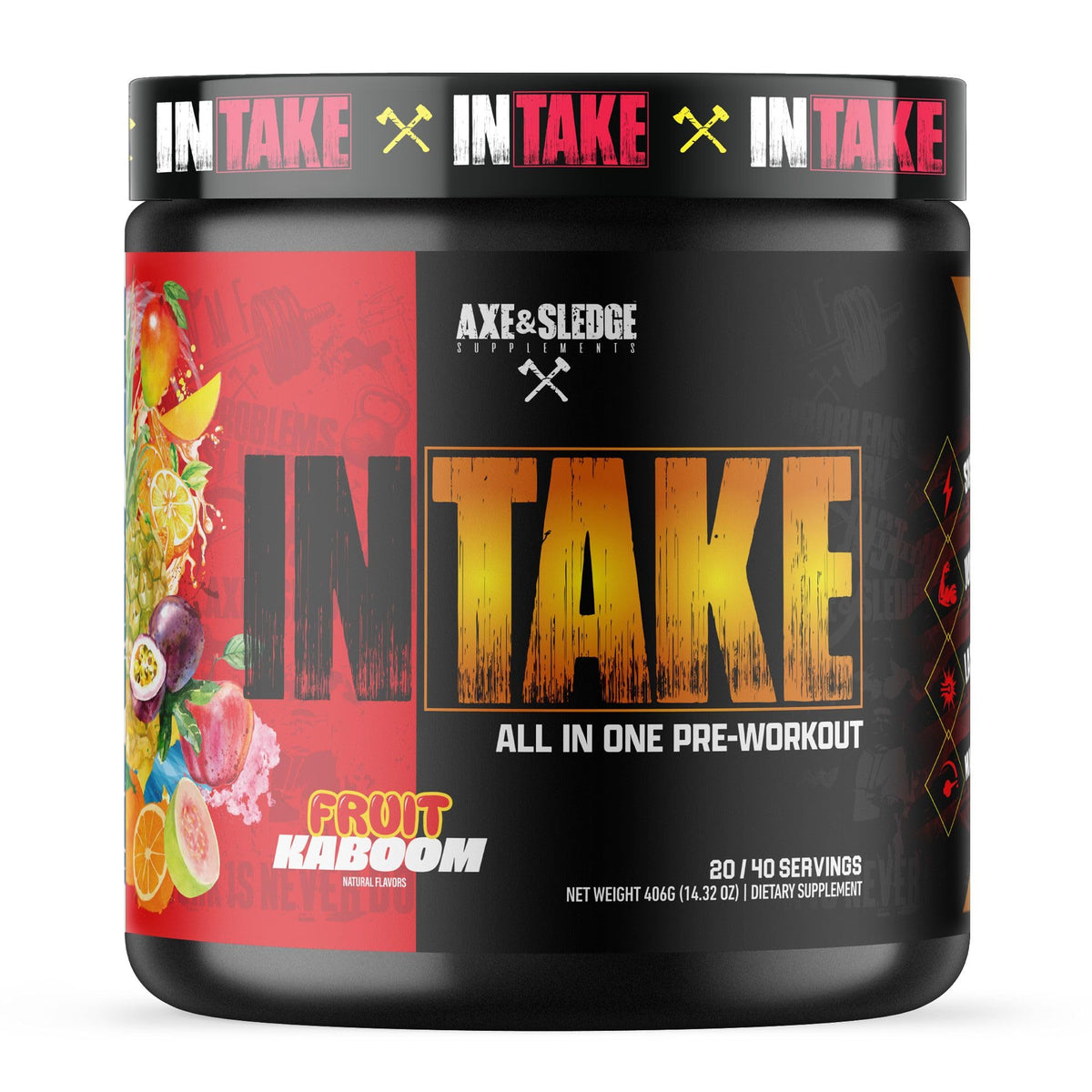 Axe & Sledge Intake frente del envase mostrando la etiqueta y beneficio de energía