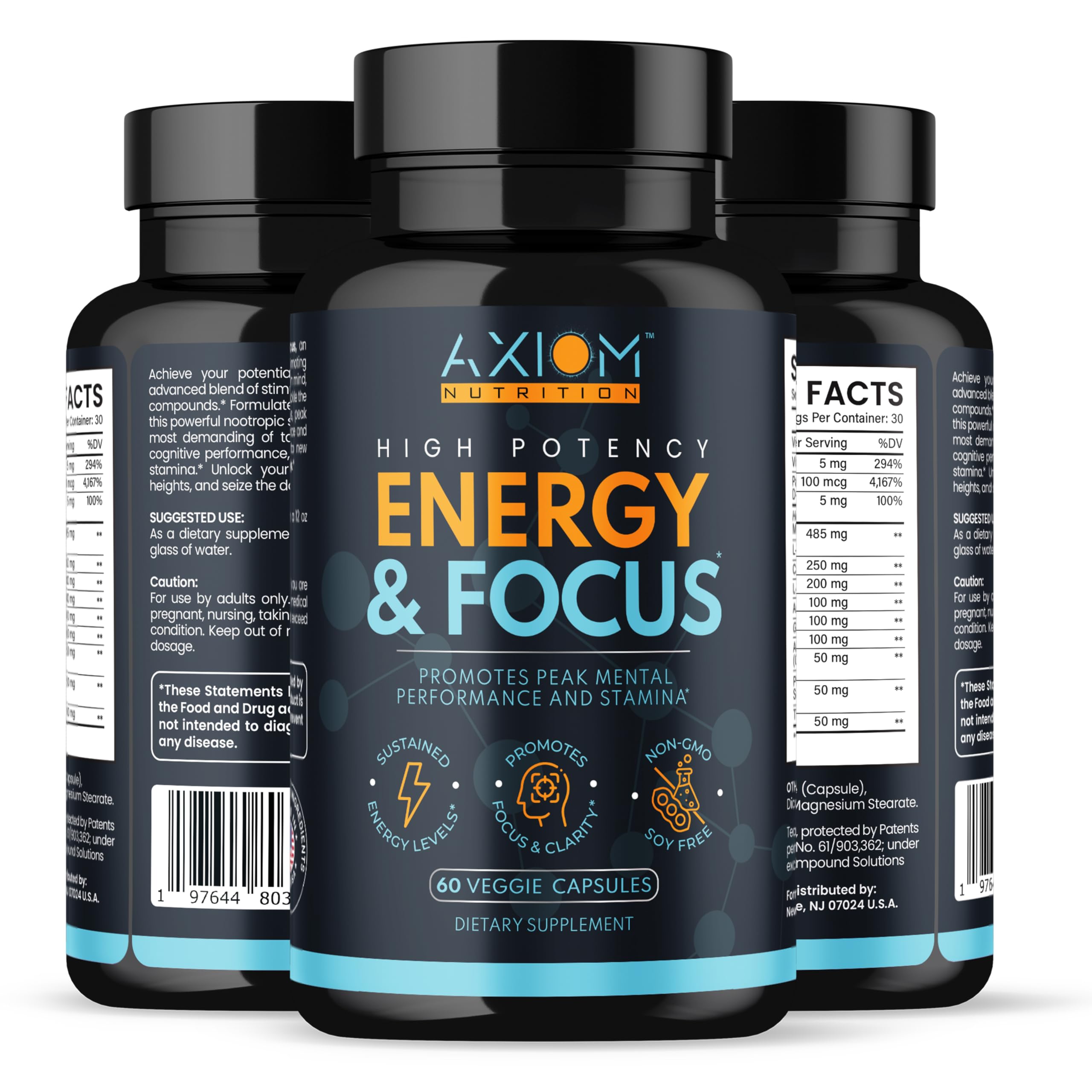 Axiom Nutrition empaque lateral, información nutricional visible