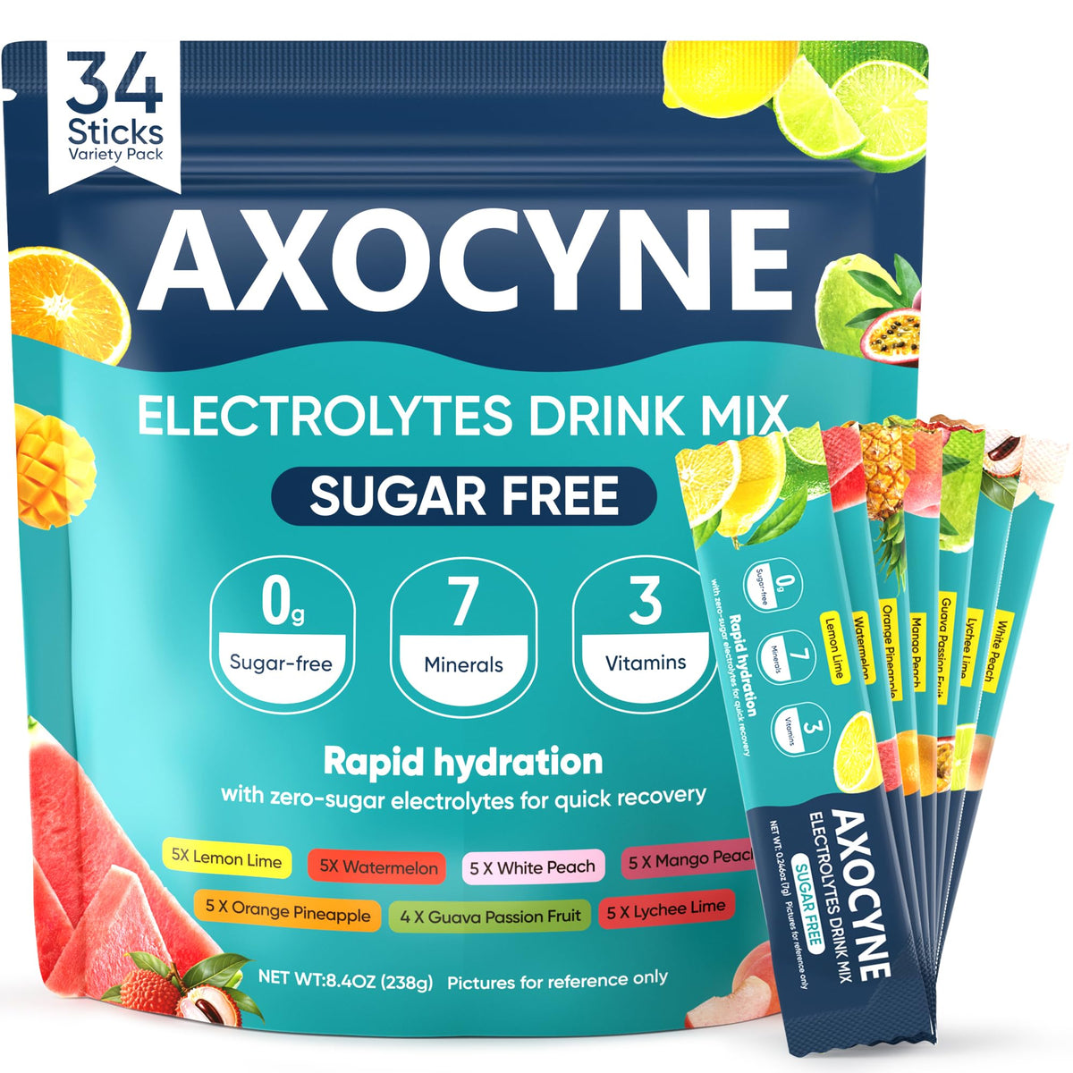 AXOCYNE empaque frontal mostrando 34 sobres para hidratación rápida