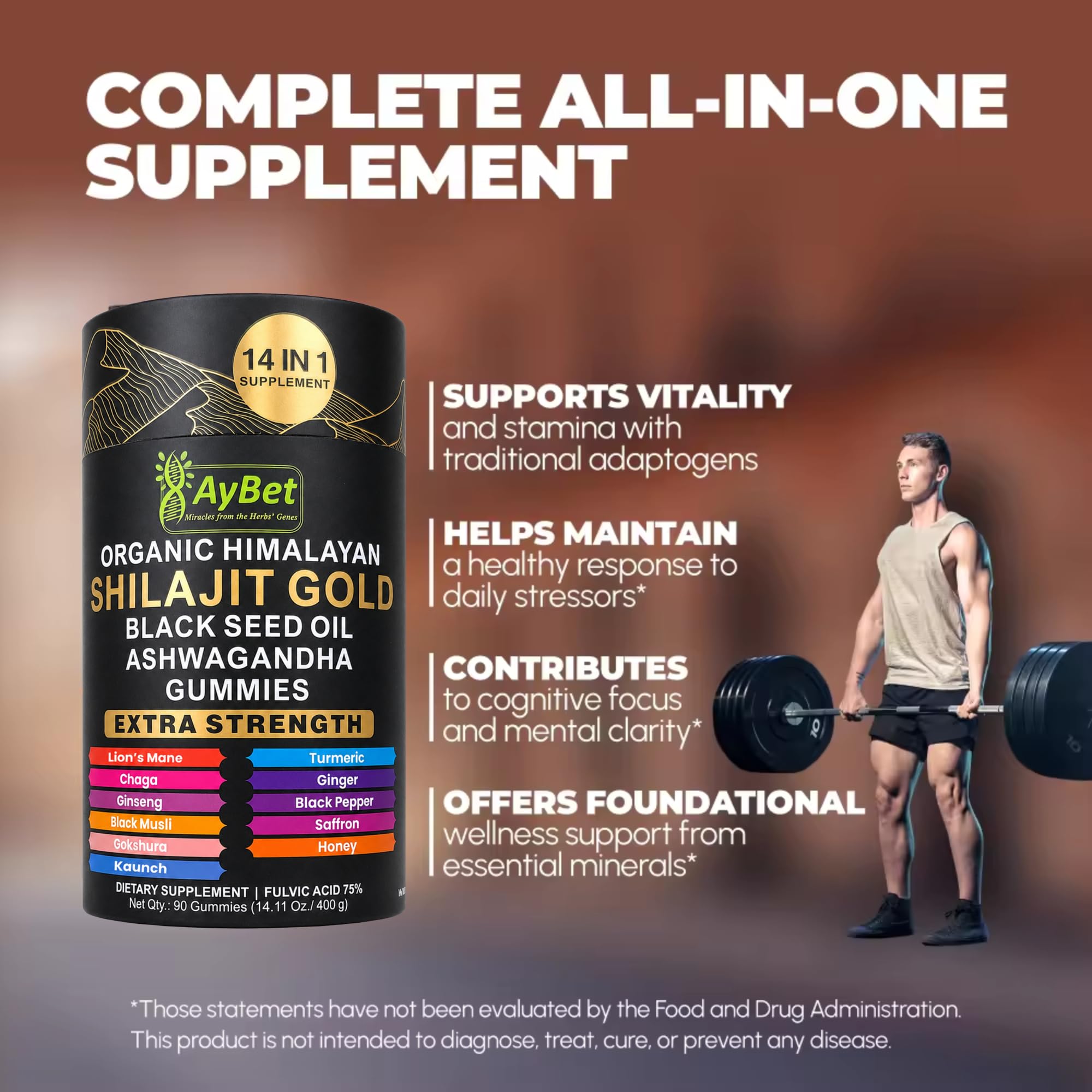 AyBet ingredientes surtidos como shilajit y cúrcuma representando la mezcla