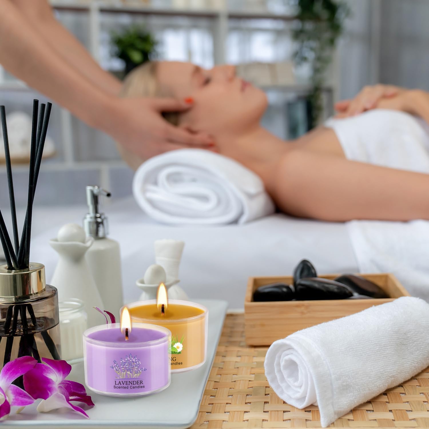 AYIQIW velas en escena de spa, crean atmósfera serena y profesional
