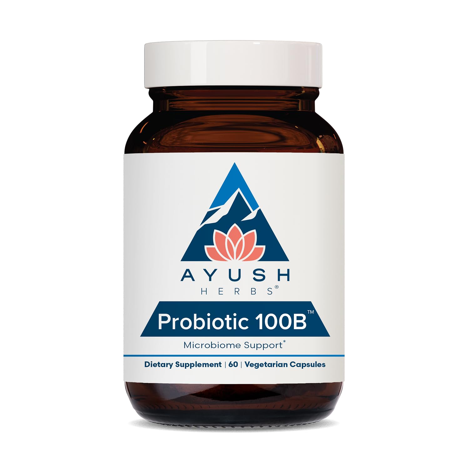 Ayush Herbs envase frontal Probiotic 100B mostrando diseño y beneficio de equilibrio digestivo