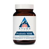 Ayush Herbs envase frontal Probiotic 100B mostrando diseño y beneficio de equilibrio digestivo