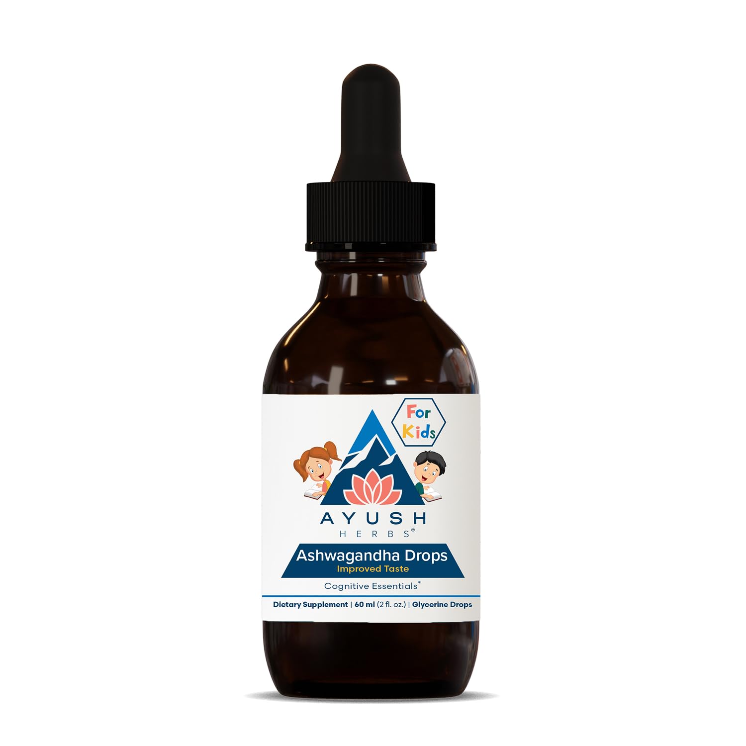 Ayush Herbs botella frontal de Ashwagandha gotas, presentación clara y familiar