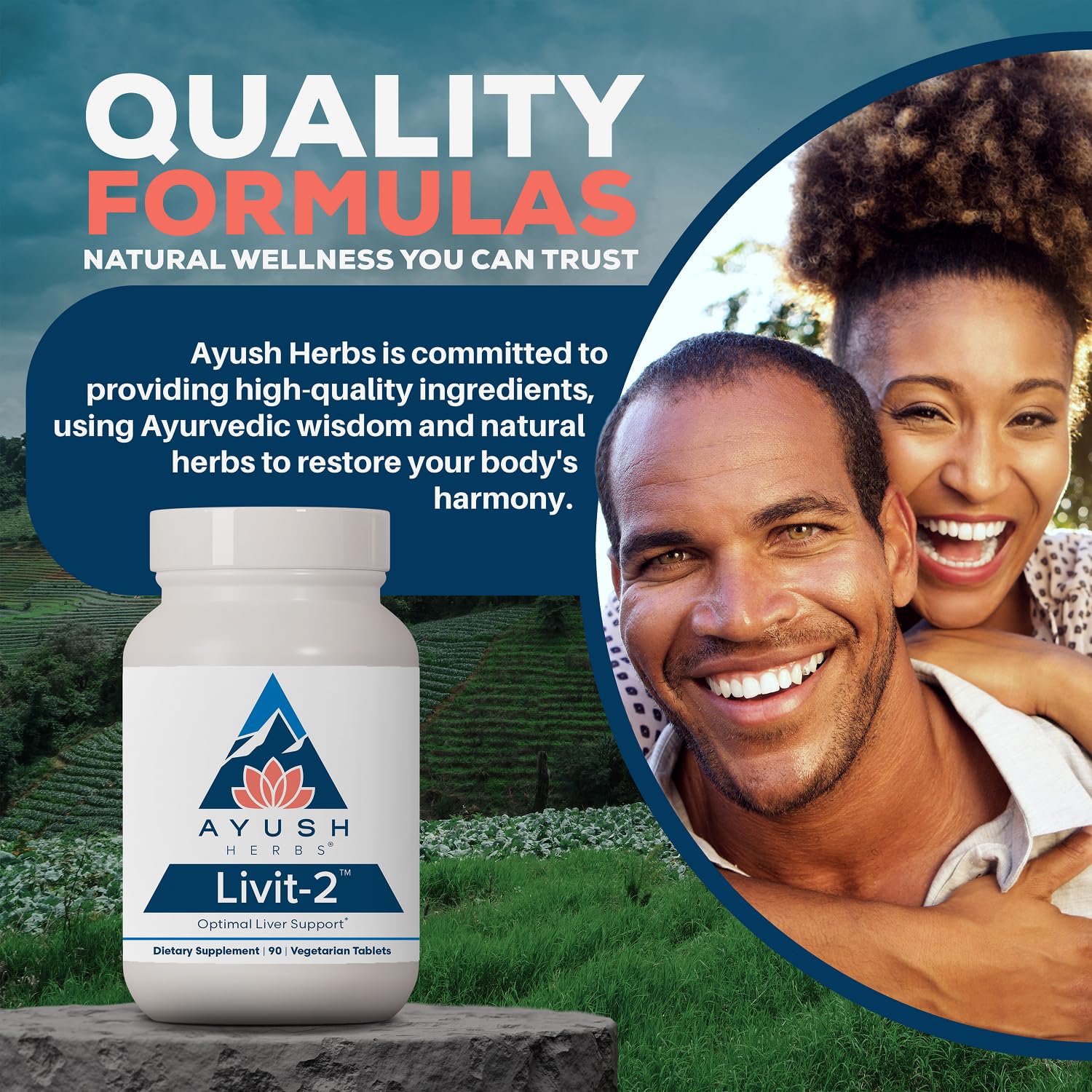 Ayush Herbs Livit-2 primer plano de Arjuna y Amla destacando origen vegetal