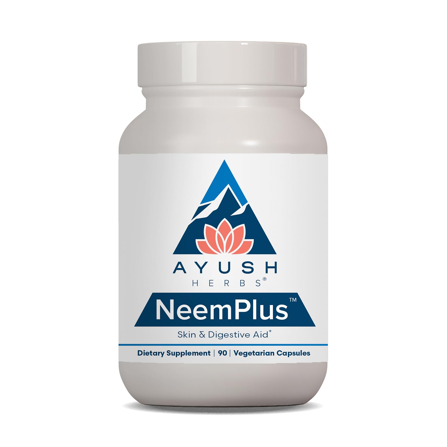 Ayush Herbs Neem Plus frasco frontal muestra presentación y beneficio visible