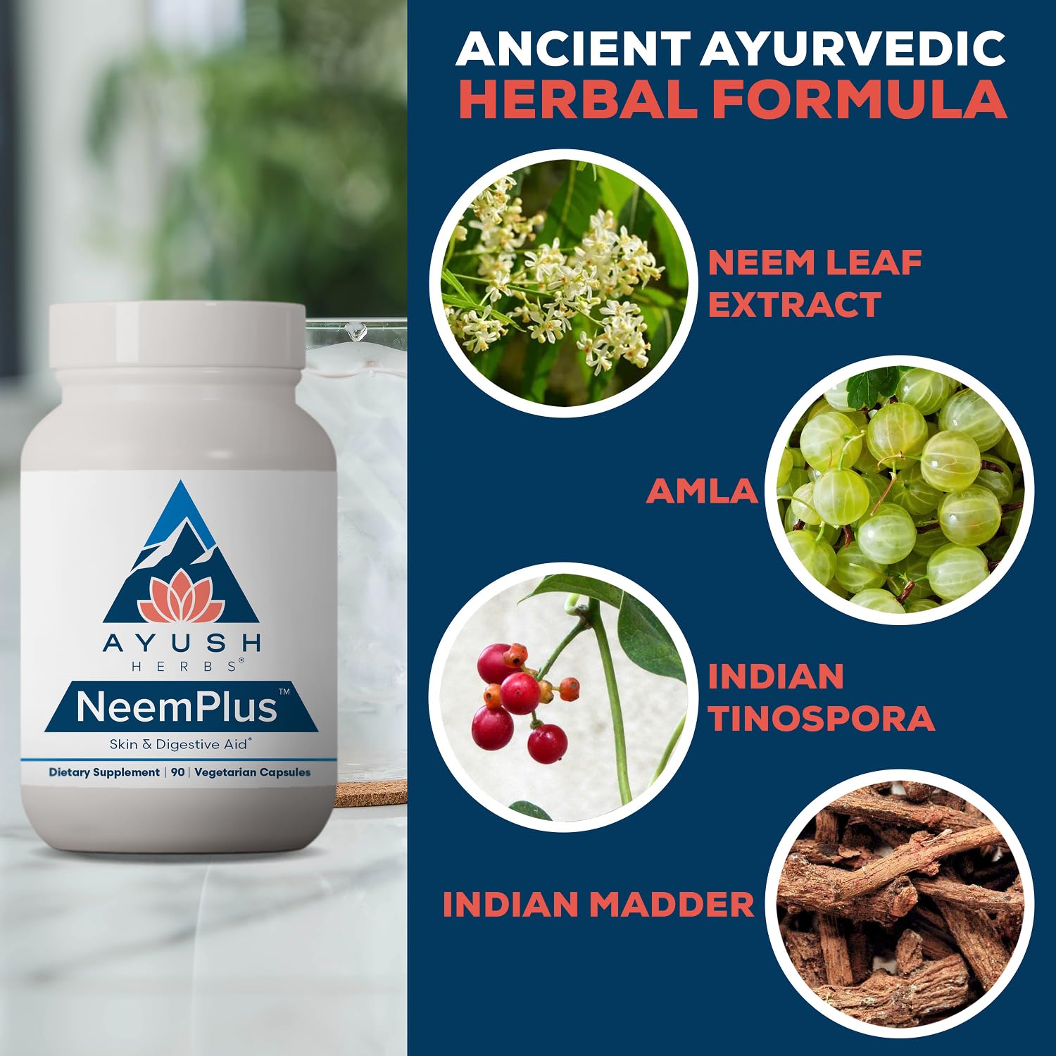 Ayush Herbs Neem Plus en mesa junto a vaso, su uso cotidiano práctico