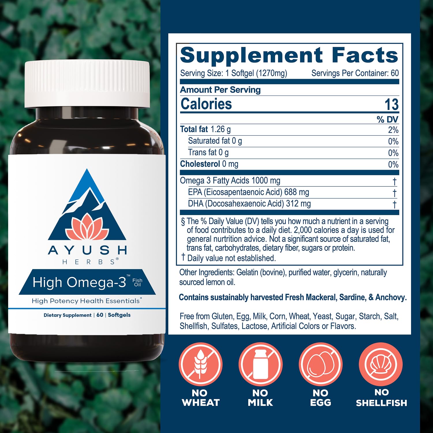 Ayush Herbs aceite de pescado vertiéndose, evidencia de pureza y calidad