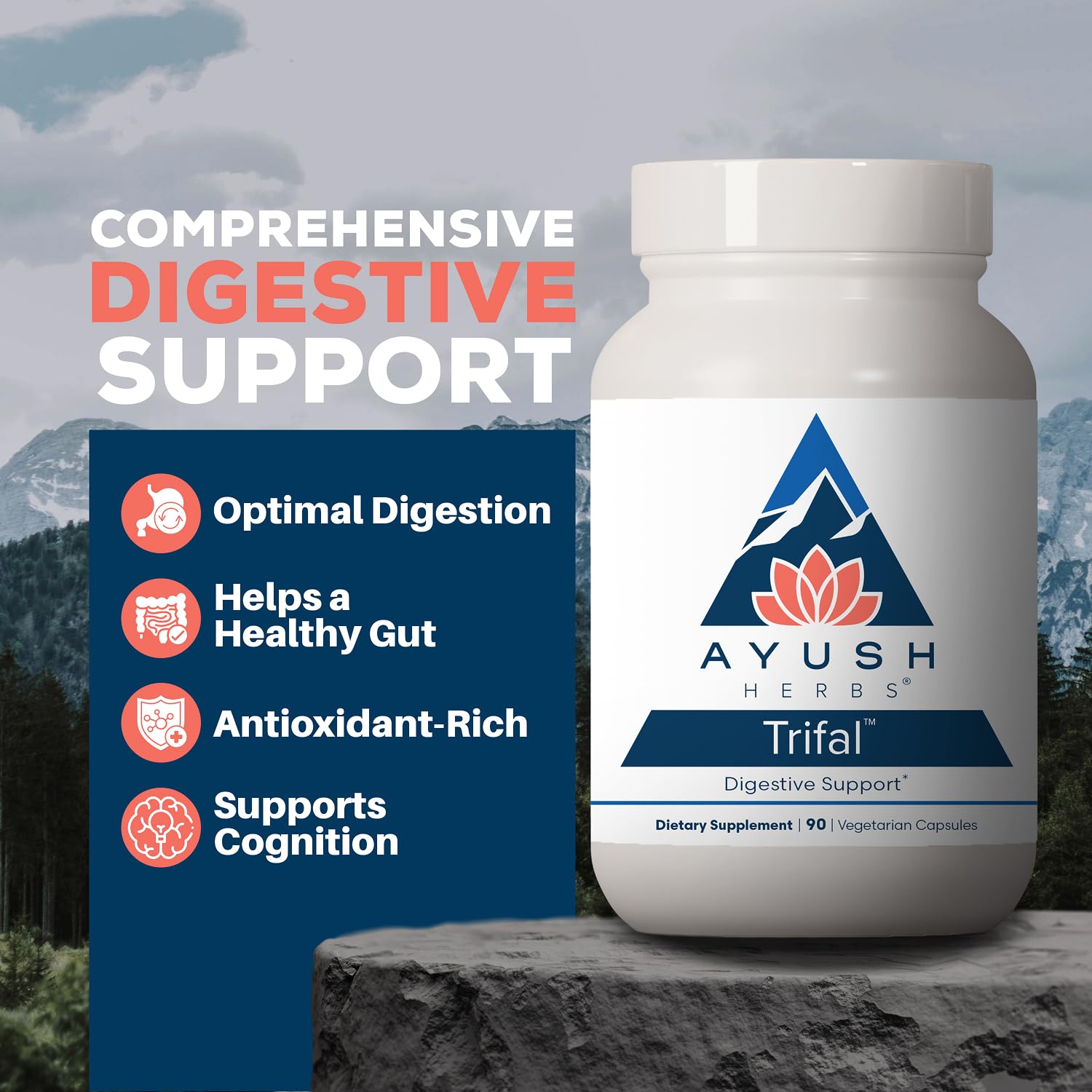 Ayush Herbs primer plano del polvo Trifal destacando su textura natural