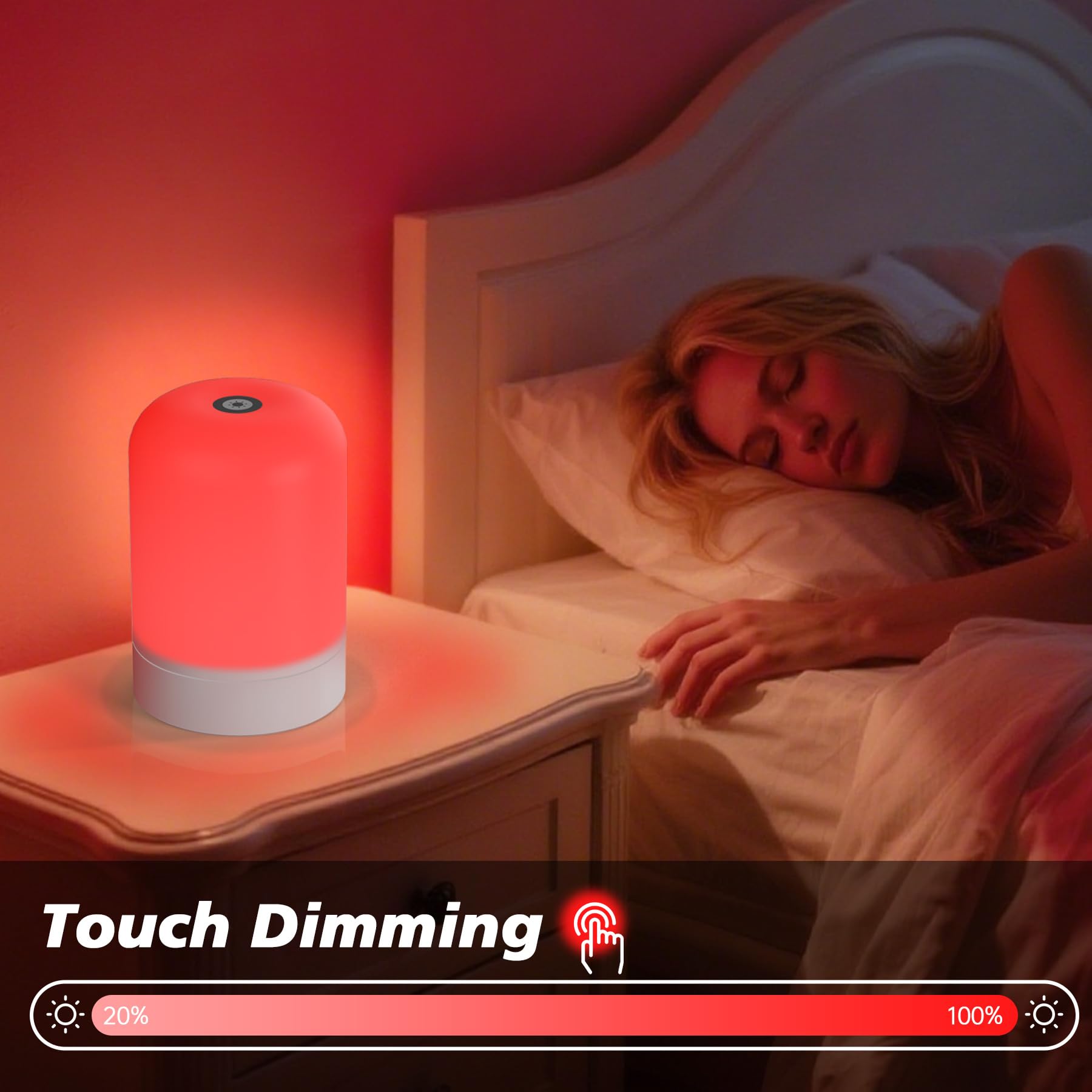 Lámpara Azhien en mesita de noche emitiendo luz roja relajante antes de dormir