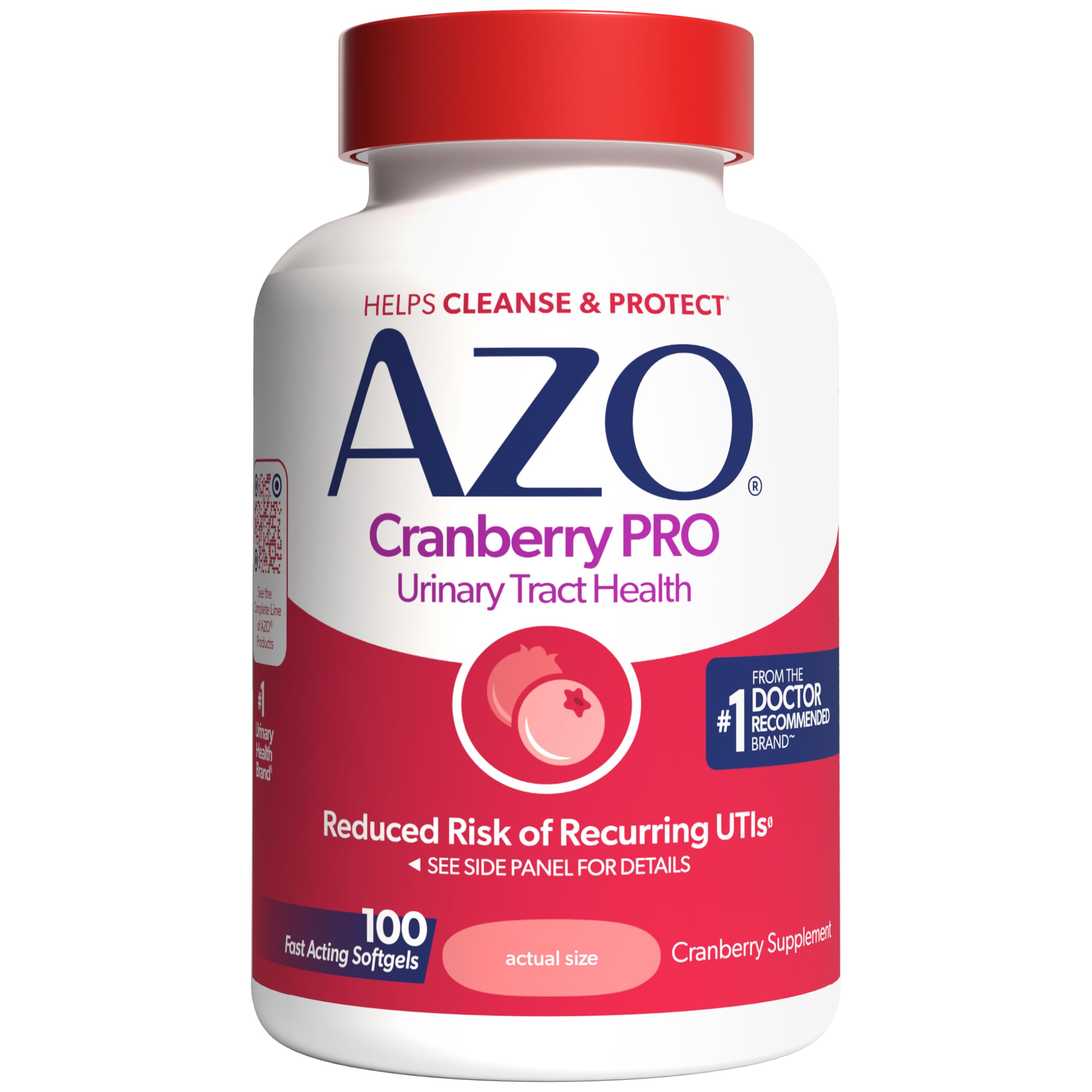 AZO frasco frontal que muestra 100 softgels y ventaja de suministro prolongado
