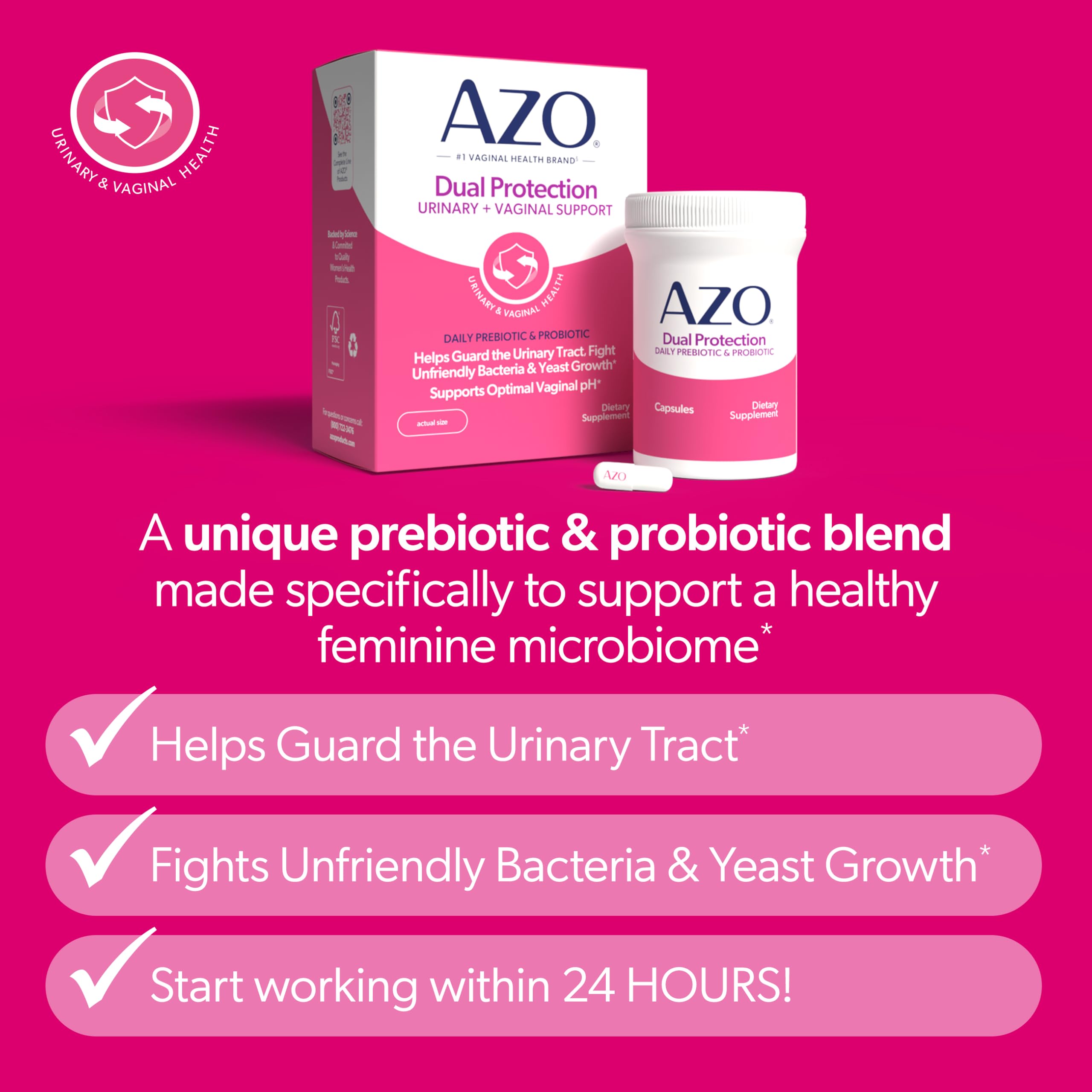 AZO etiqueta con lista de ingredientes destacando prebióticos y probióticos