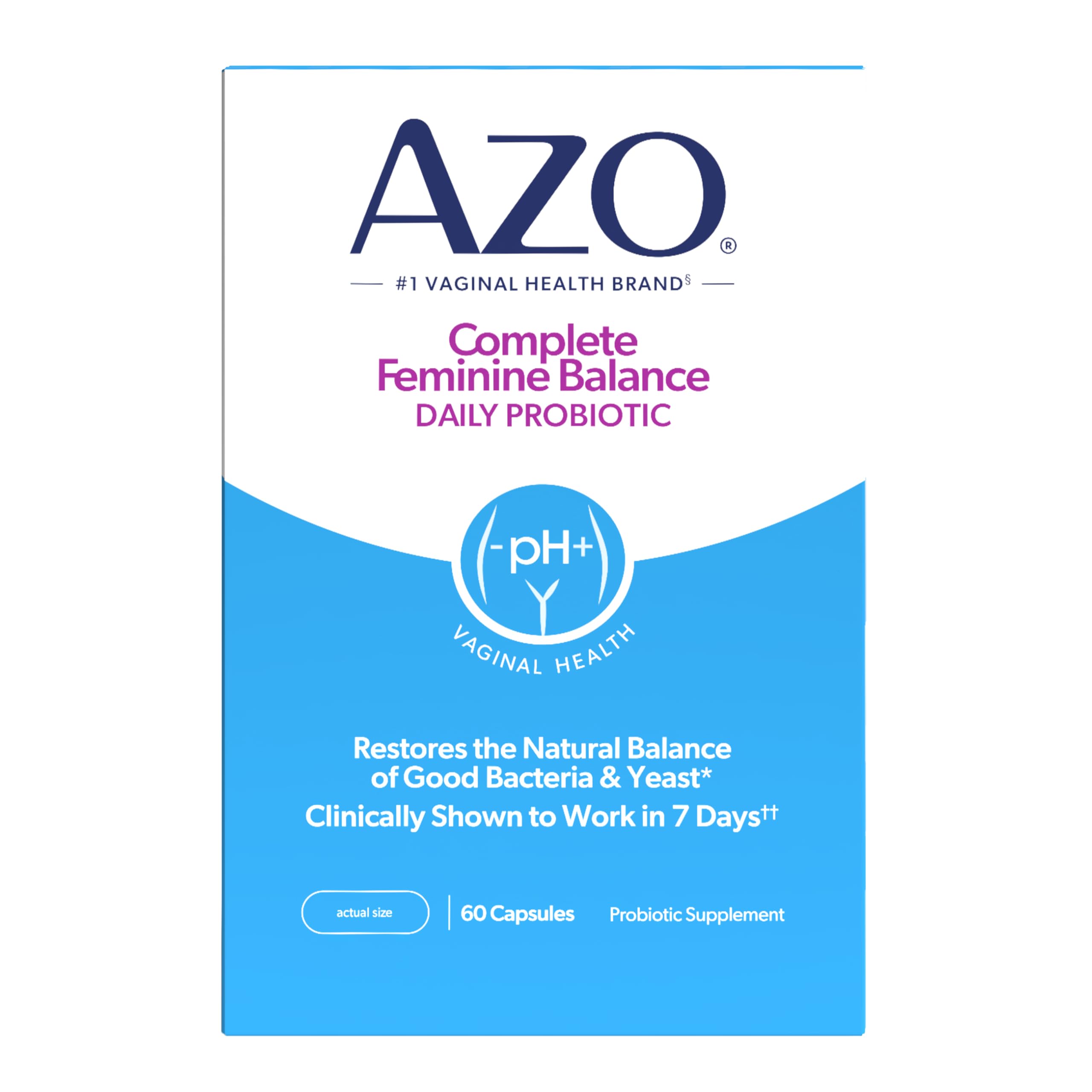 AZO frente del empaque mostrando la marca y beneficio para equilibrio vaginal