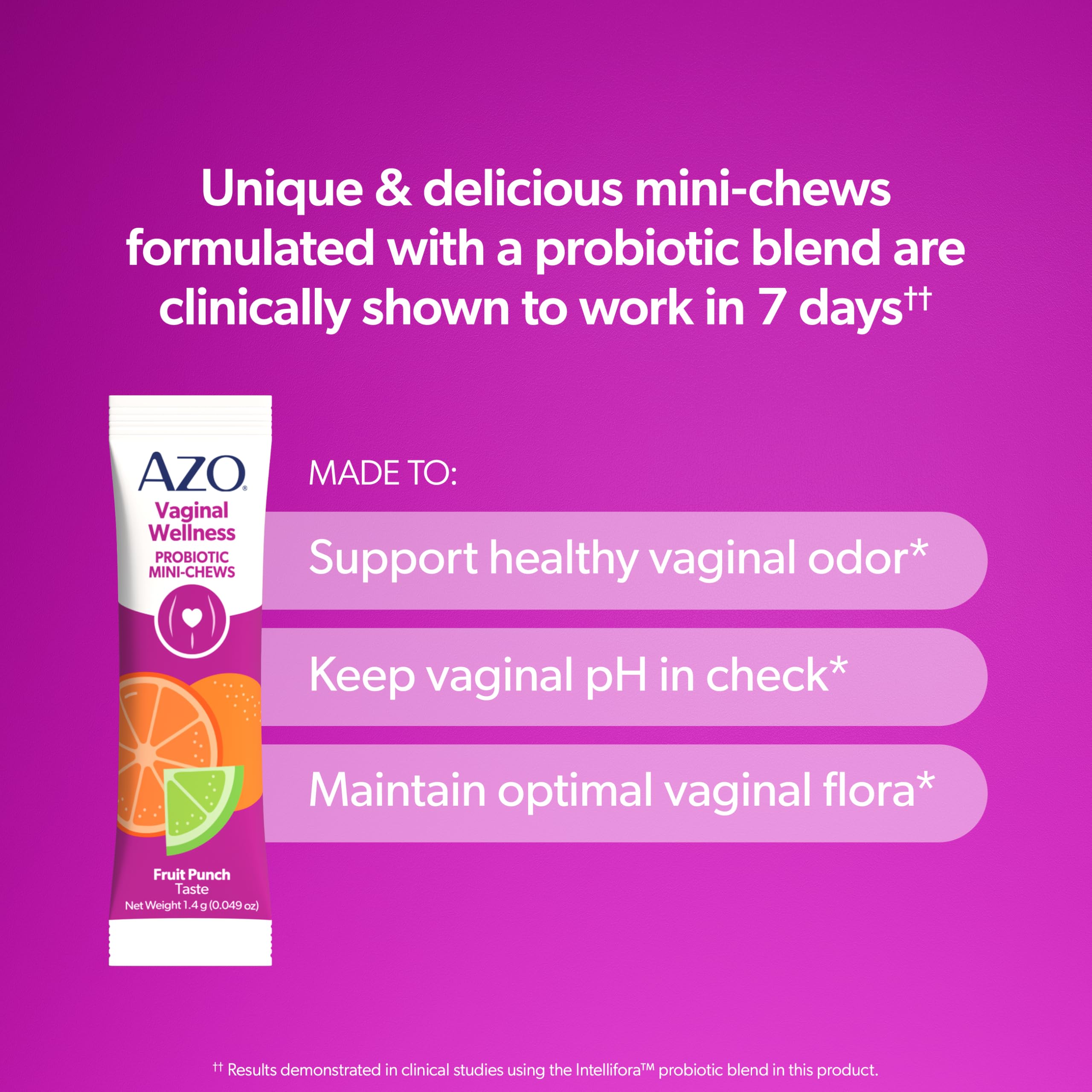AZO mini-chews sobre abierto listo para masticar, fácil uso sin agua