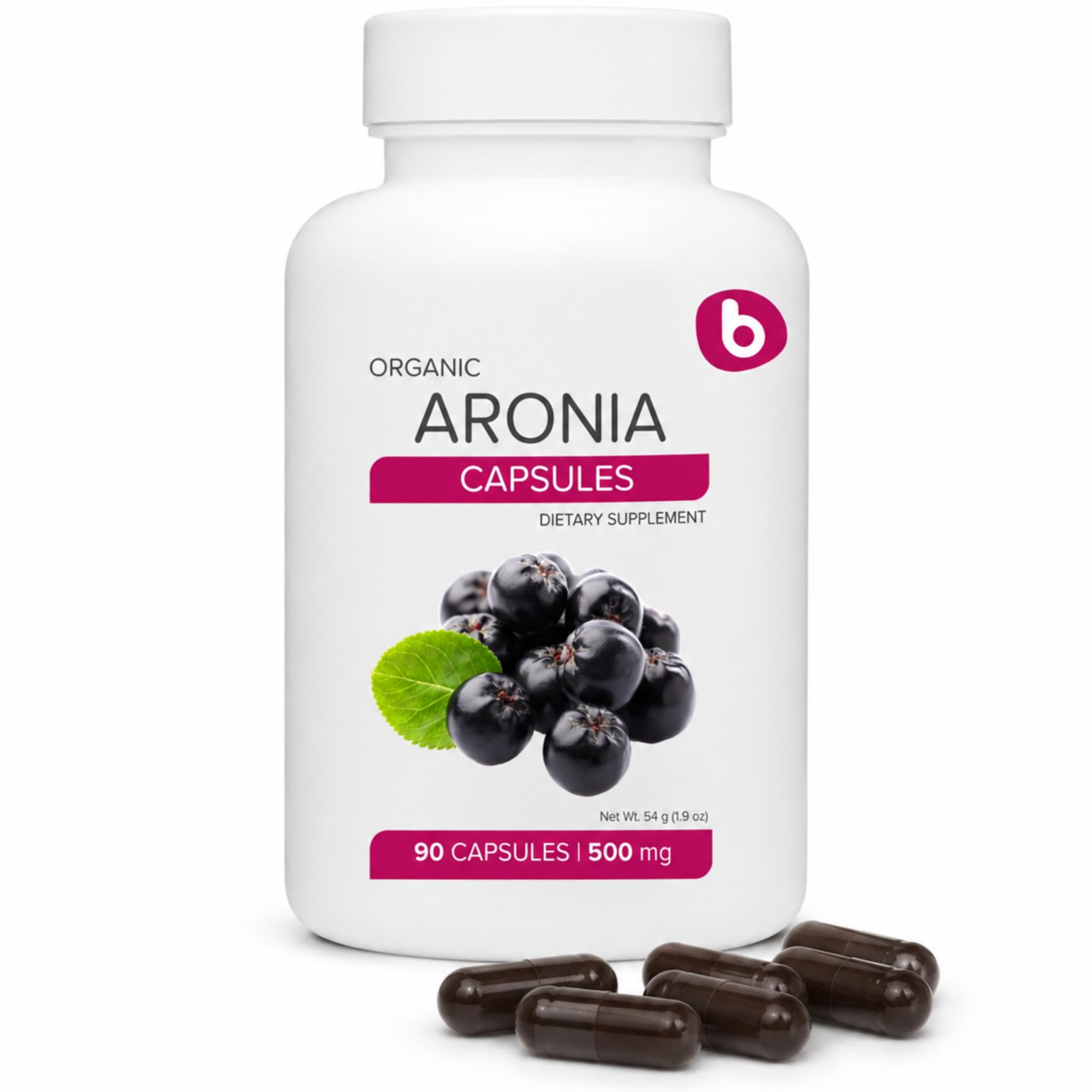 b frasco frontal de cápsulas de aronia orgánica, formato práctico y puro