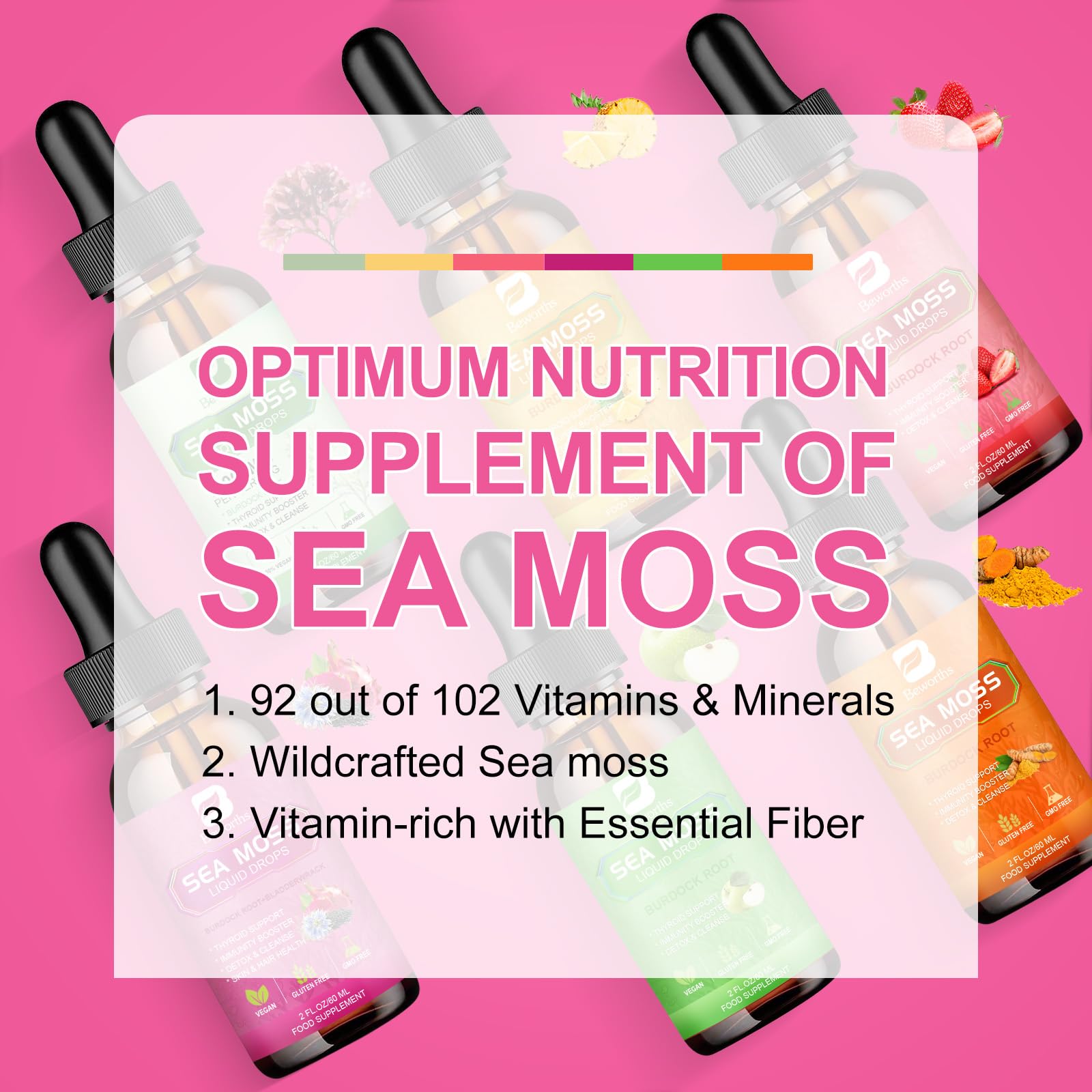 B BEWORTHS ingredientes naturales dispuestos junto al frasco, refuerzo nutricional