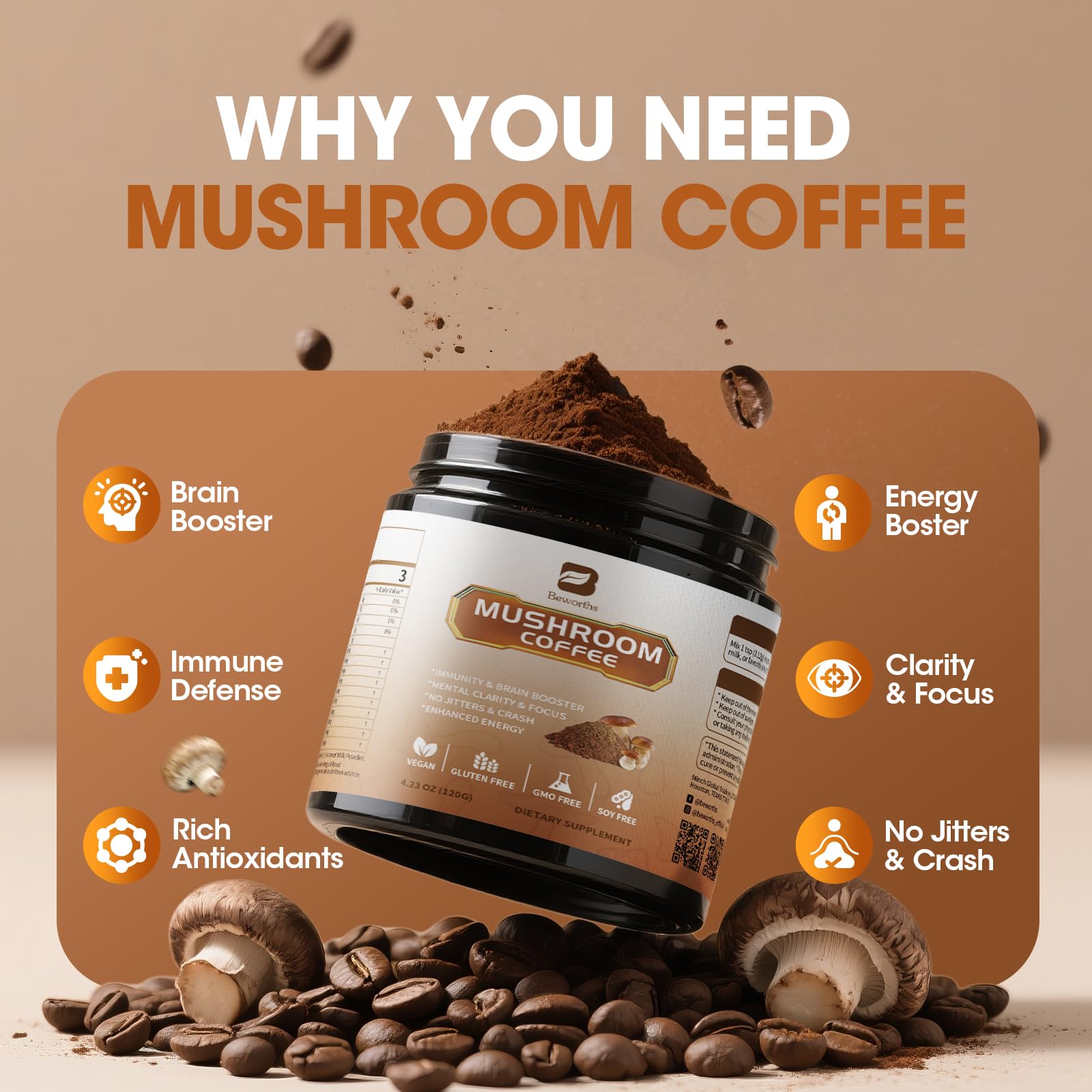 B BEWORTHS taza servida con mushroom coffee lista para beber y disfrutar