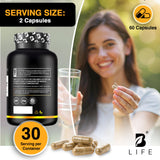 B Life Company caja abierta mostrando las 60 cápsulas dentro y sello de calidad